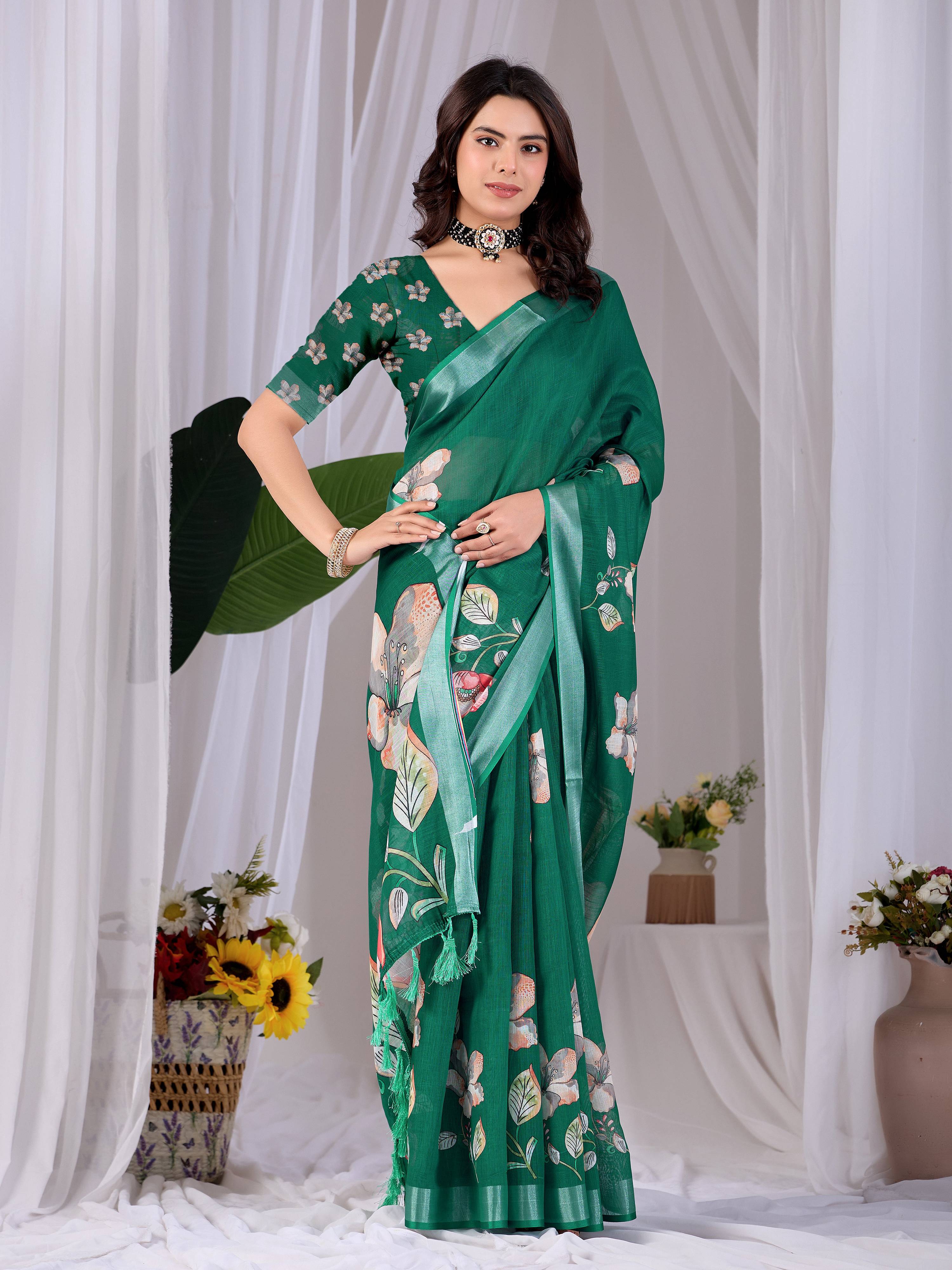 Aastha Fashion Green Soft Linen Cotton Printed Saree - Distacart