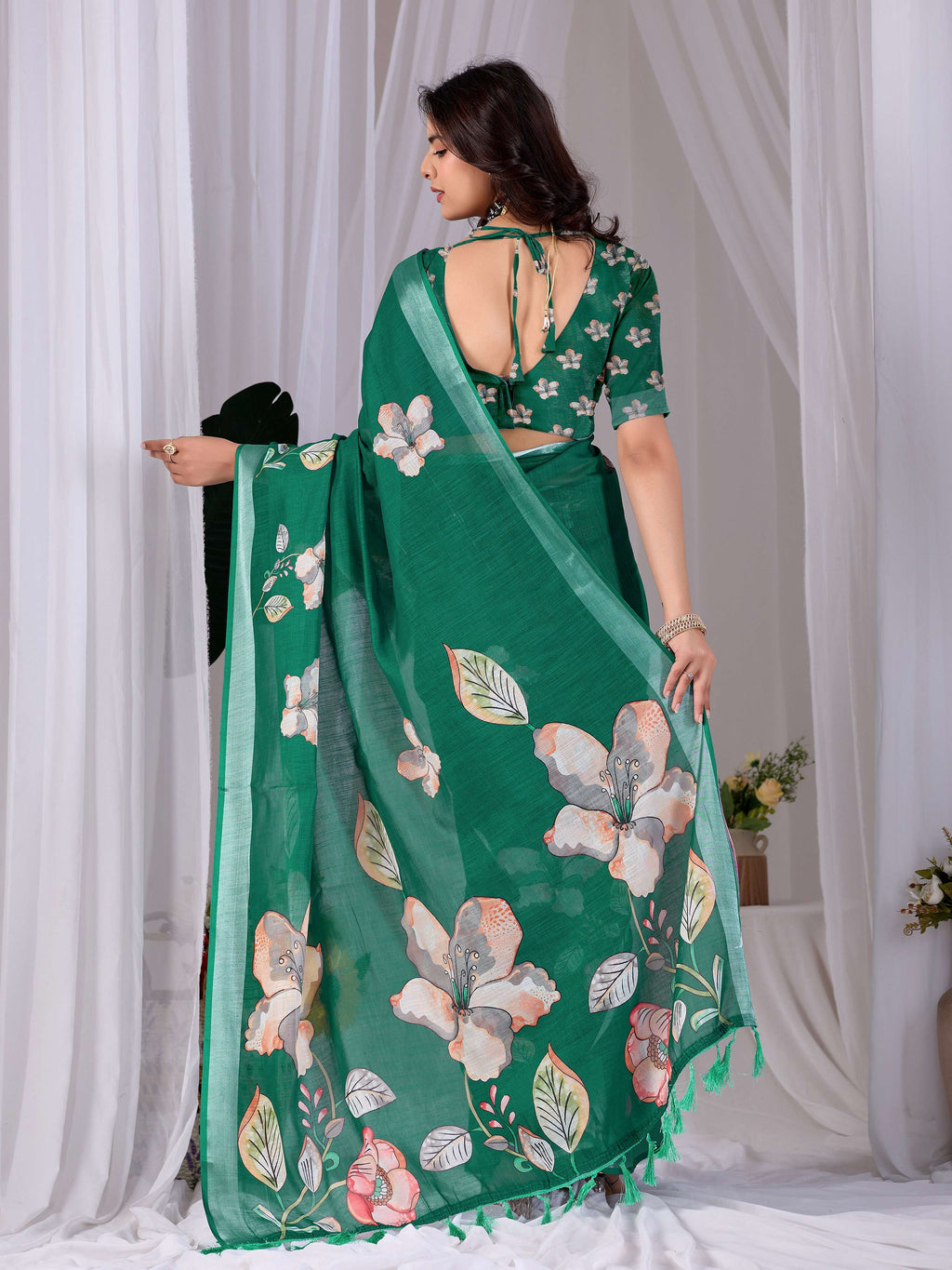 Aastha Fashion Green Soft Linen Cotton Printed Saree - Distacart