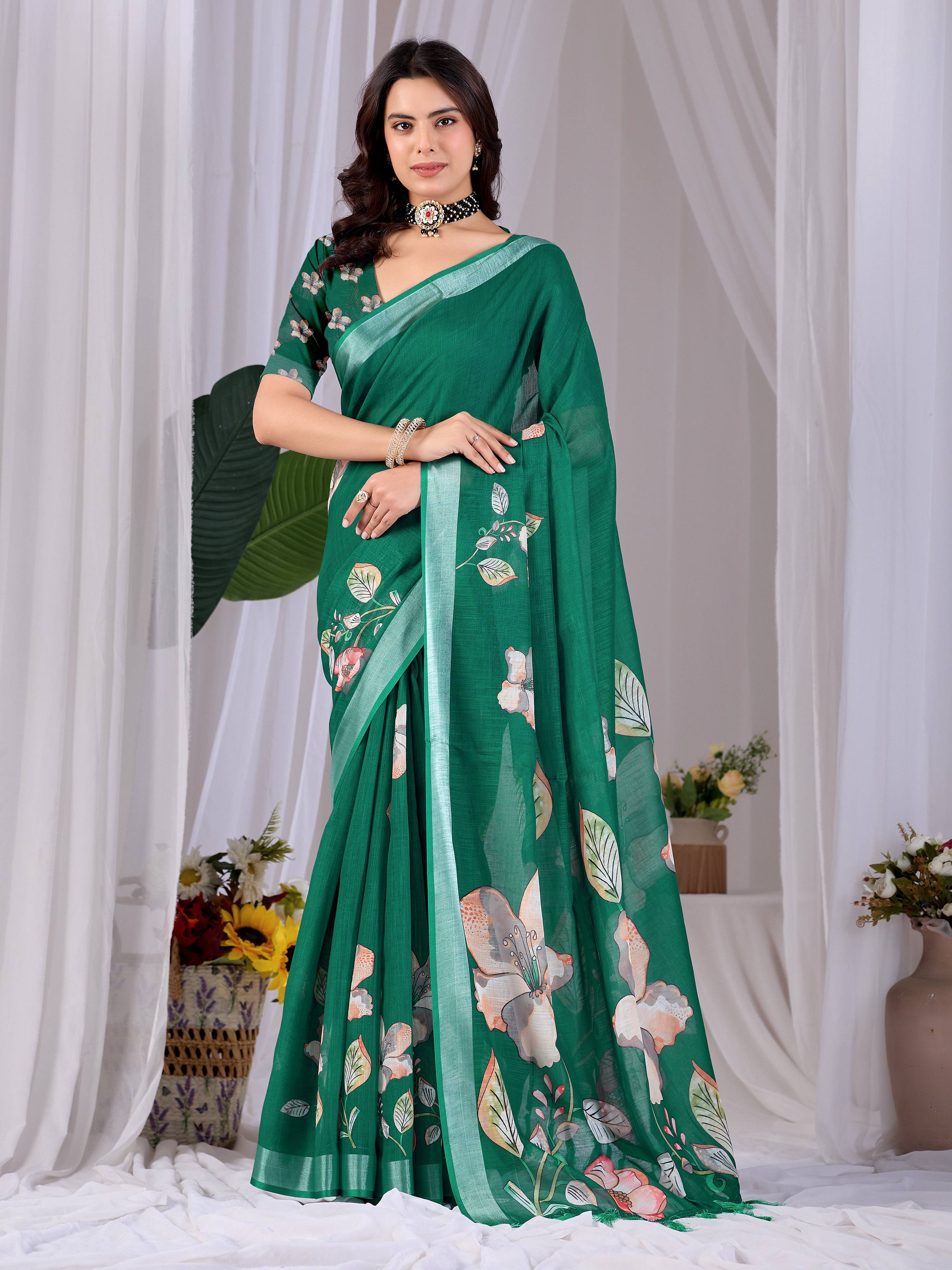 Aastha Fashion Green Soft Linen Cotton Printed Saree - Distacart
