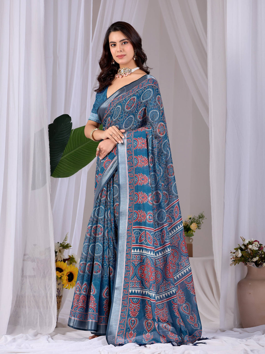 Aastha Fashion Teal Blue Soft Linen Cotton Printed Saree - Distacart