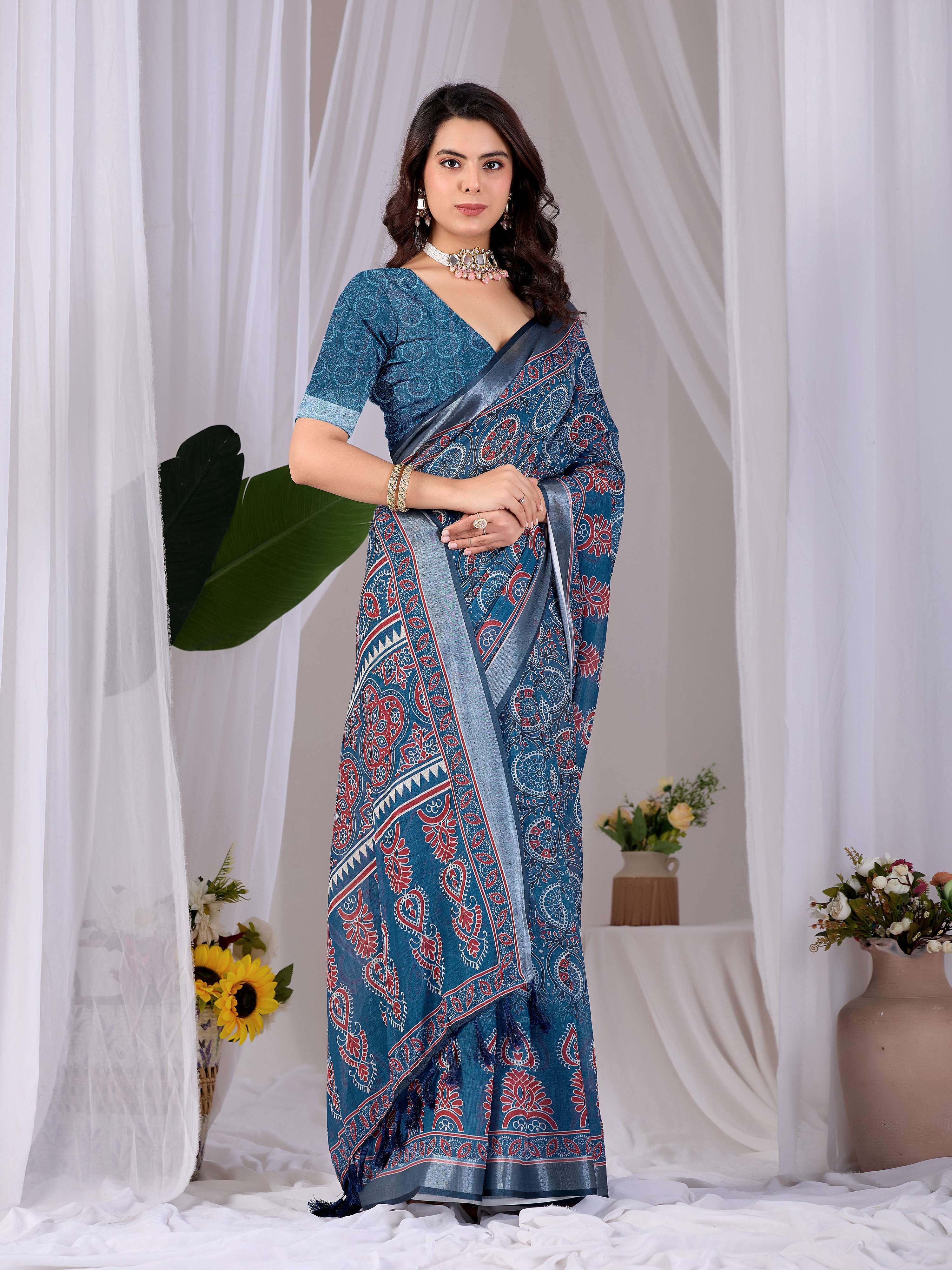 Aastha Fashion Teal Blue Soft Linen Cotton Printed Saree - Distacart