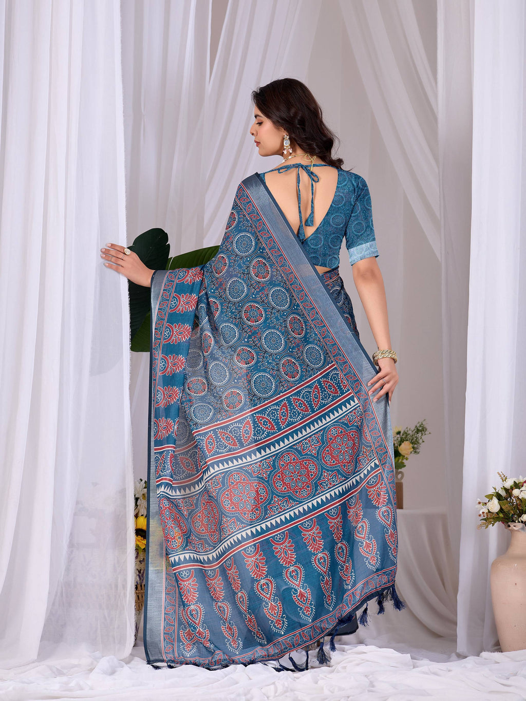 Aastha Fashion Teal Blue Soft Linen Cotton Printed Saree - Distacart