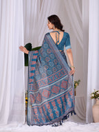 Aastha Fashion Teal Blue Soft Linen Cotton Printed Saree - Distacart