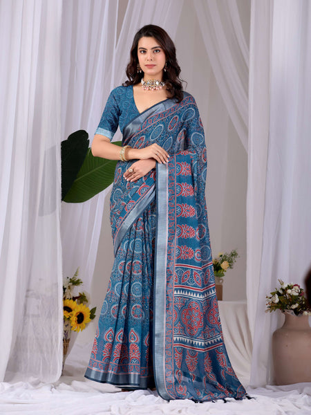 Aastha Fashion Teal Blue Soft Linen Cotton Printed Saree