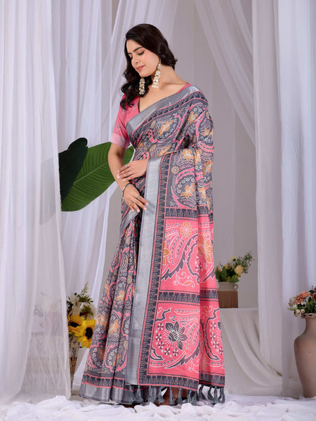 Aastha Fashion Pink Soft Linen Cotton Printed Saree
