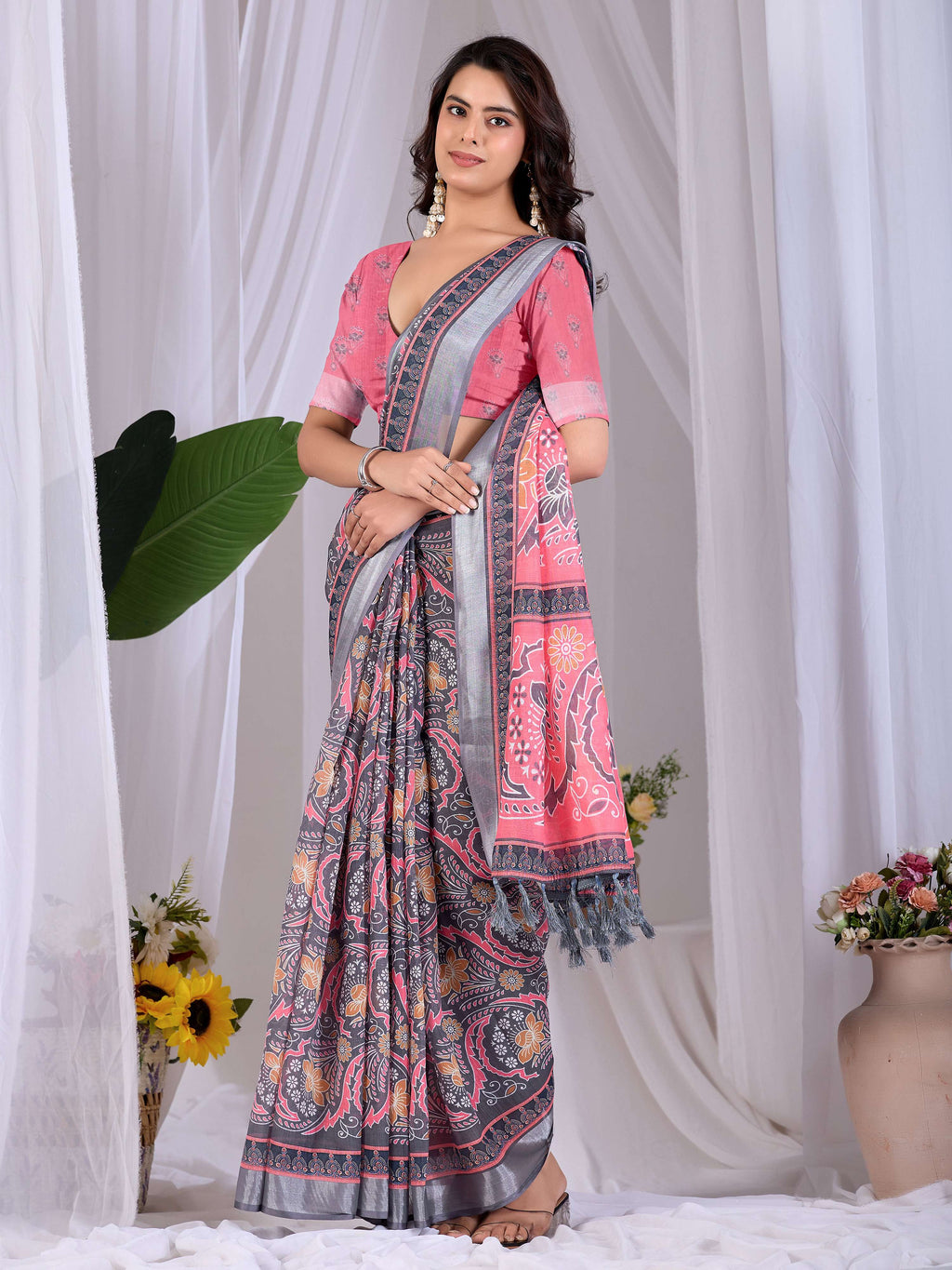 Aastha Fashion Pink Soft Linen Cotton Printed Saree - Distacart