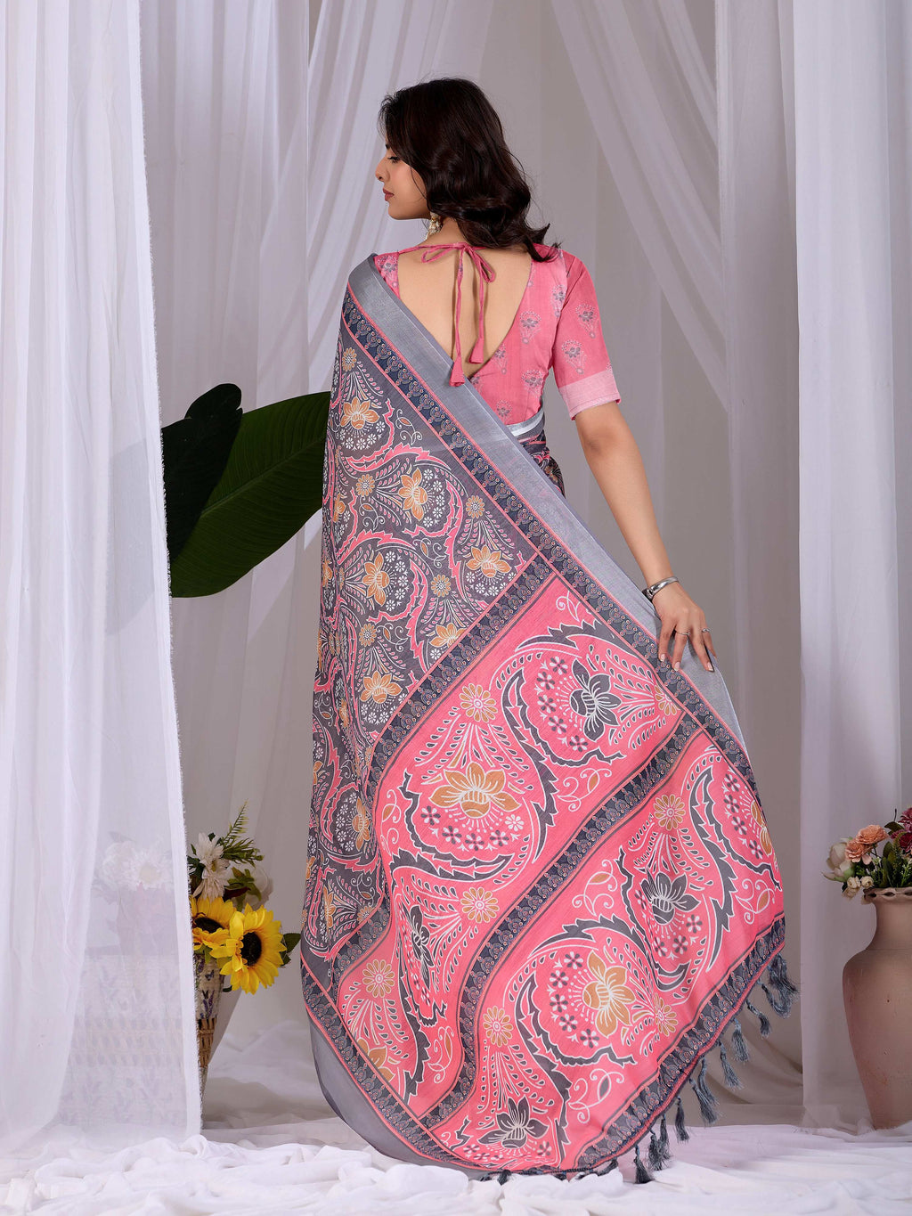 Aastha Fashion Pink Soft Linen Cotton Printed Saree - Distacart