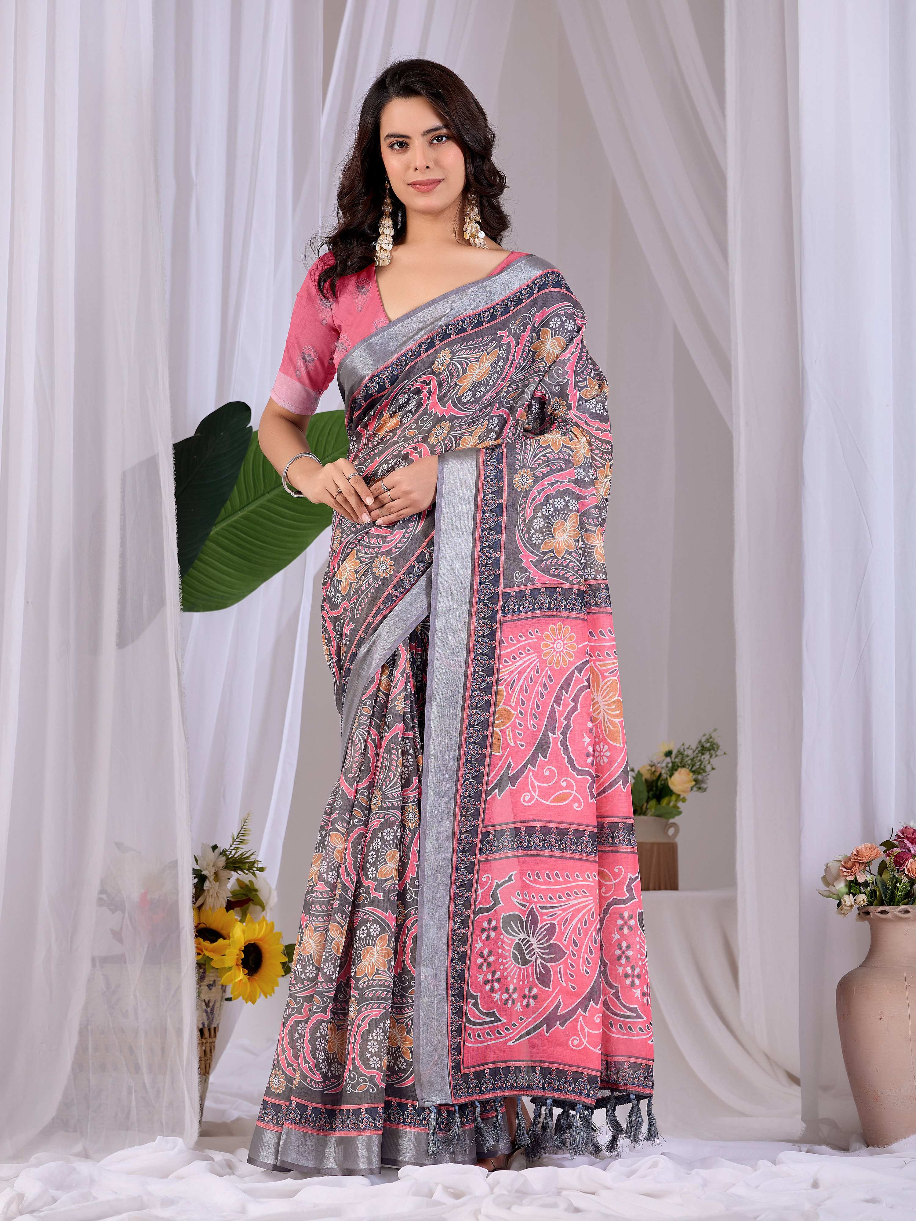 Aastha Fashion Pink Soft Linen Cotton Printed Saree - Distacart