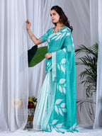 Aastha Fashion See Green Soft Linen Cotton Printed Saree - Distacart