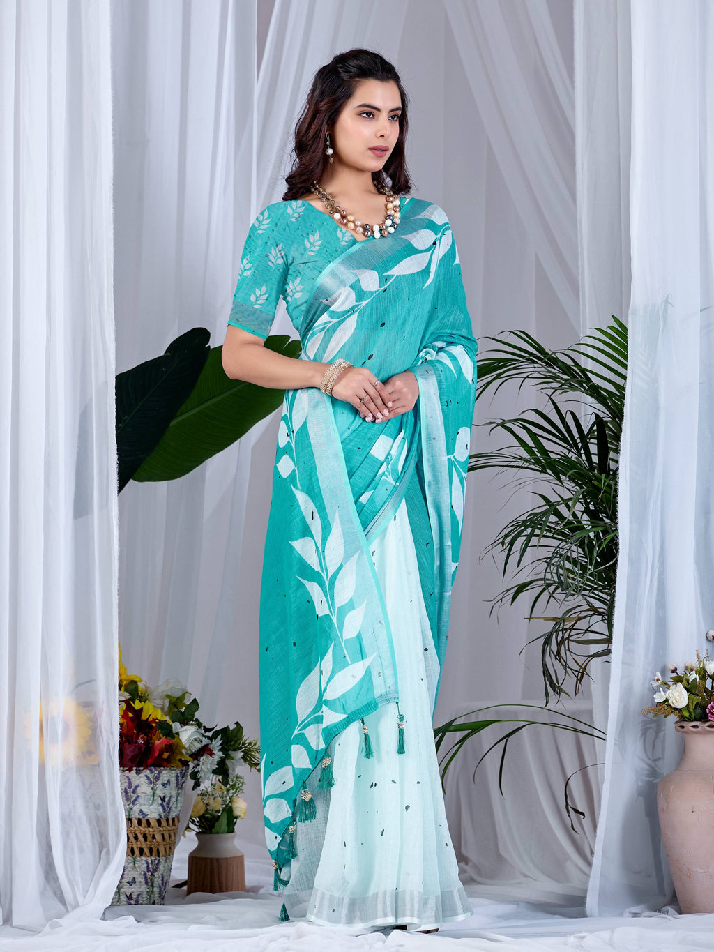 Aastha Fashion See Green Soft Linen Cotton Printed Saree - Distacart