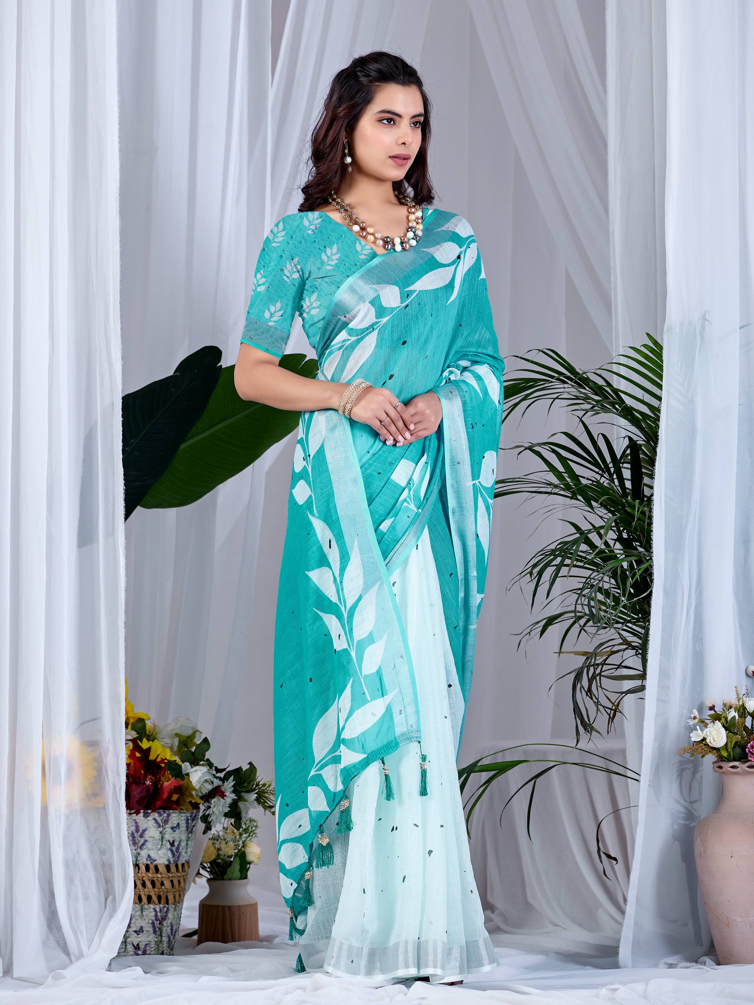 Aastha Fashion See Green Soft Linen Cotton Printed Saree - Distacart