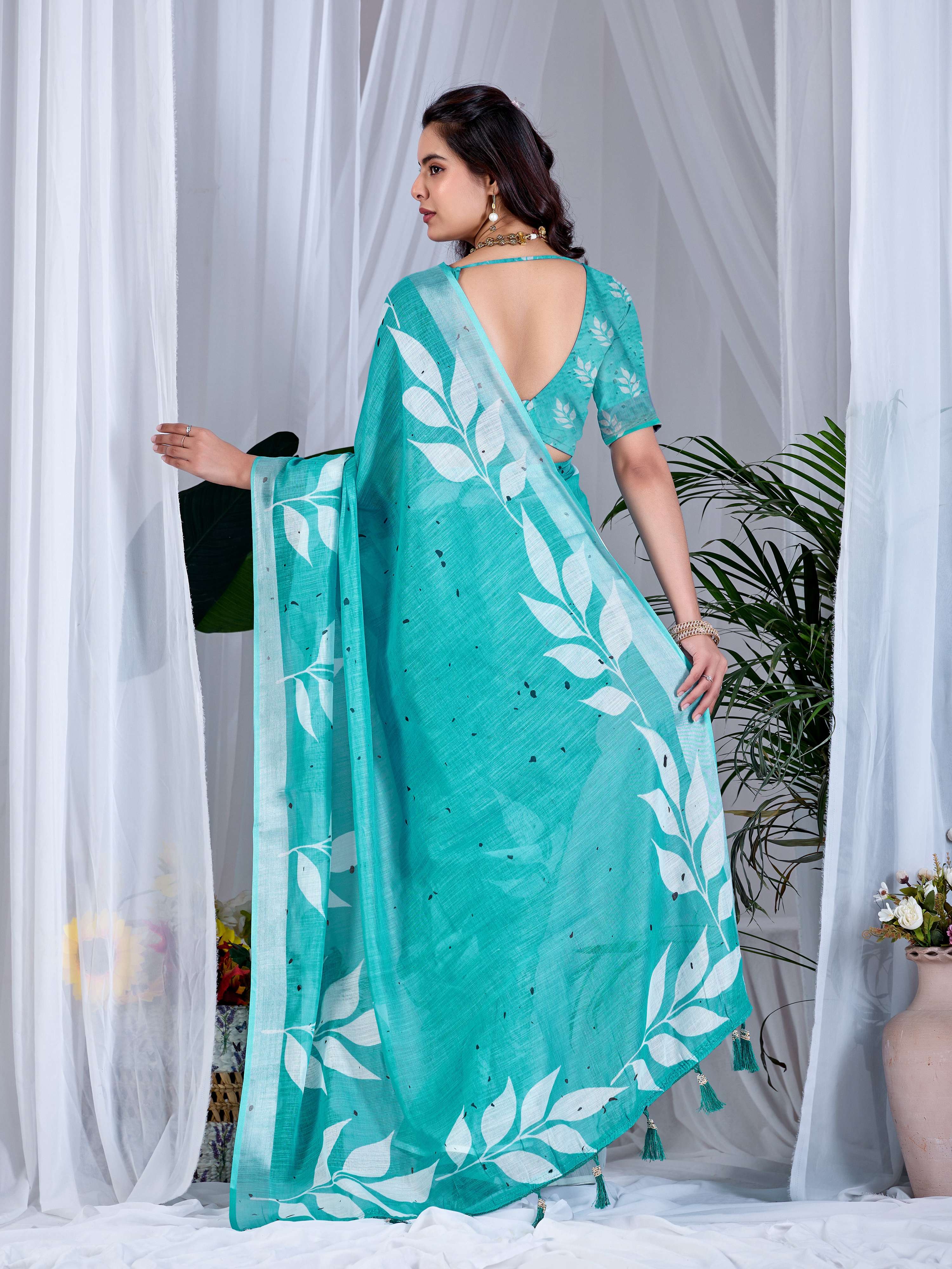 Aastha Fashion See Green Soft Linen Cotton Printed Saree - Distacart