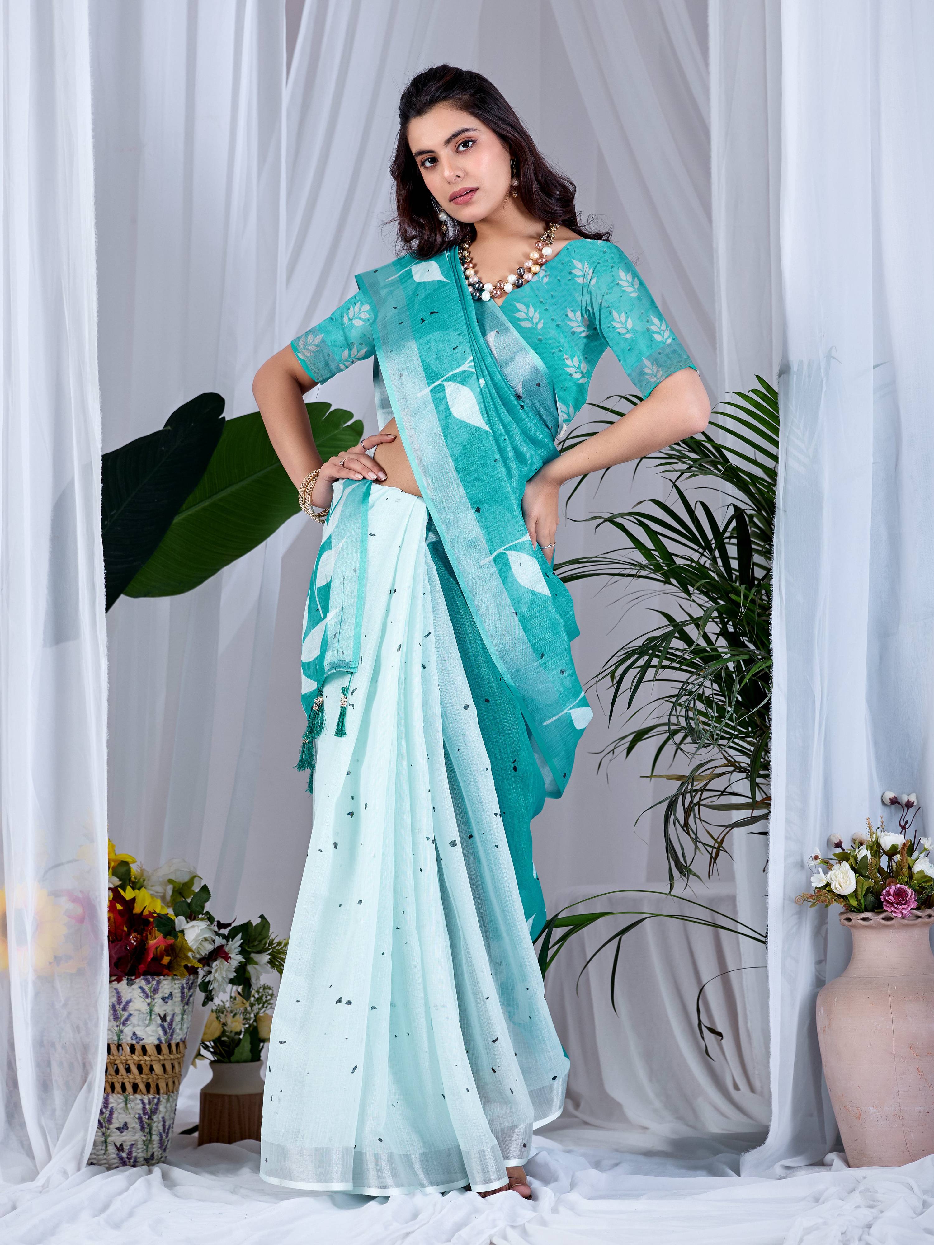 Aastha Fashion See Green Soft Linen Cotton Printed Saree - Distacart