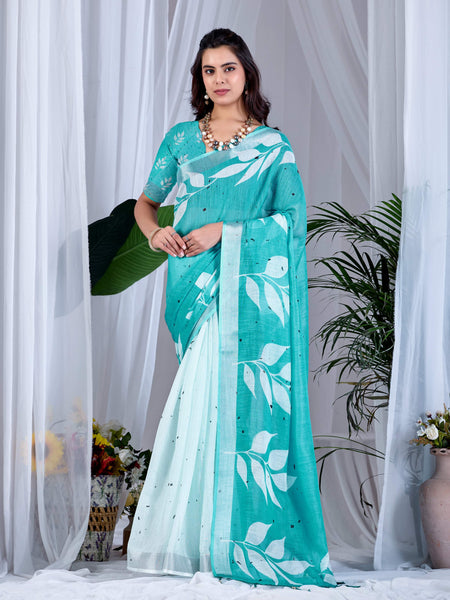 Aastha Fashion See Green Soft Linen Cotton Printed Saree