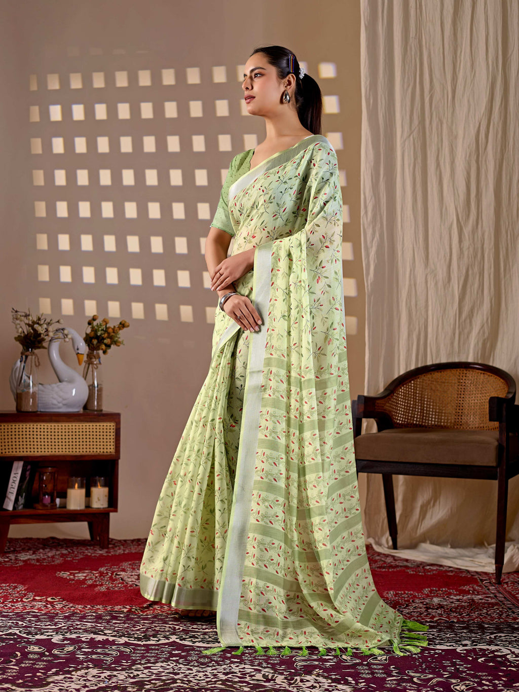 Aastha Fashion Pista Soft Linen Cotton Printed Saree - Distacart