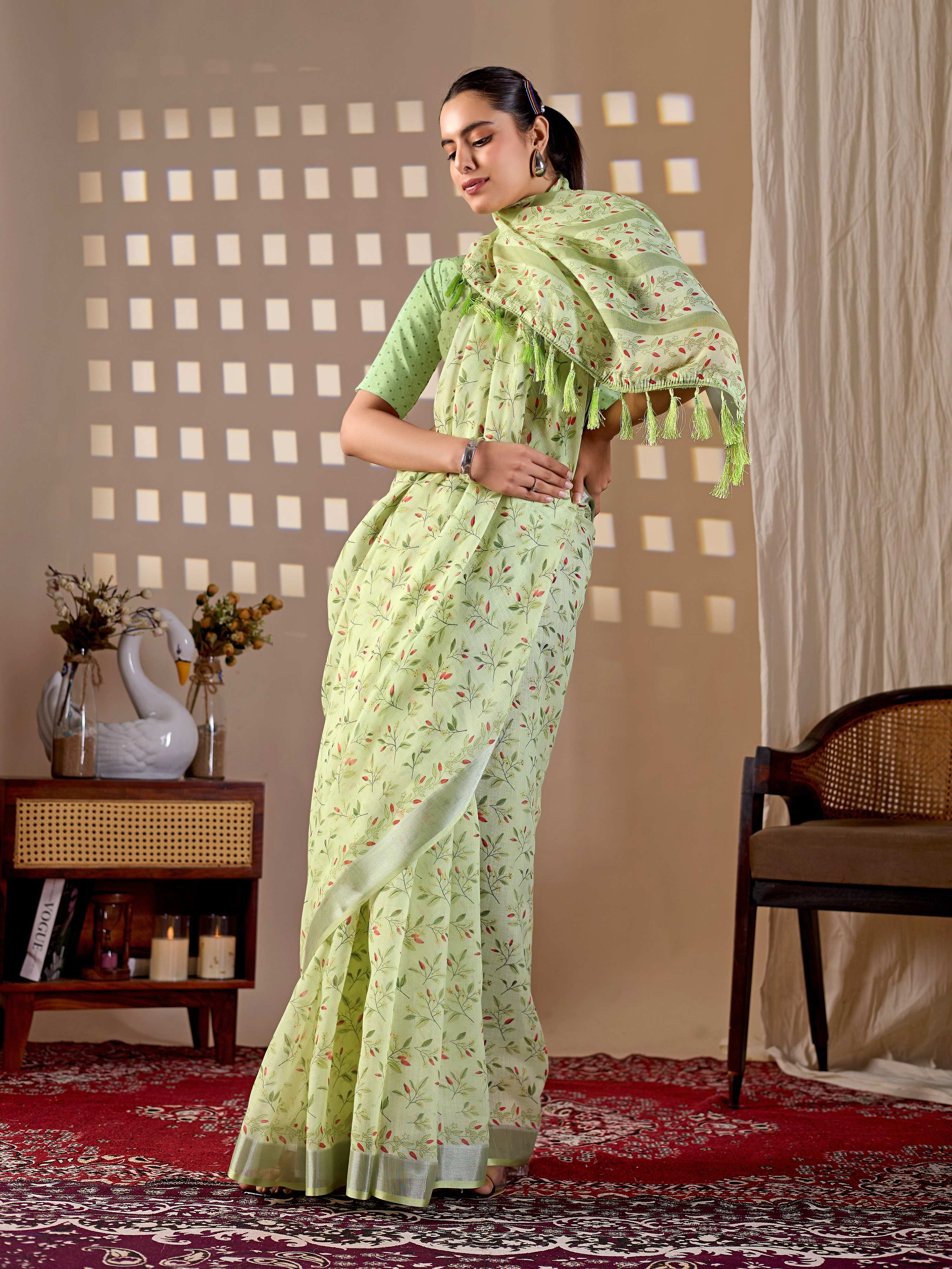Aastha Fashion Pista Soft Linen Cotton Printed Saree - Distacart