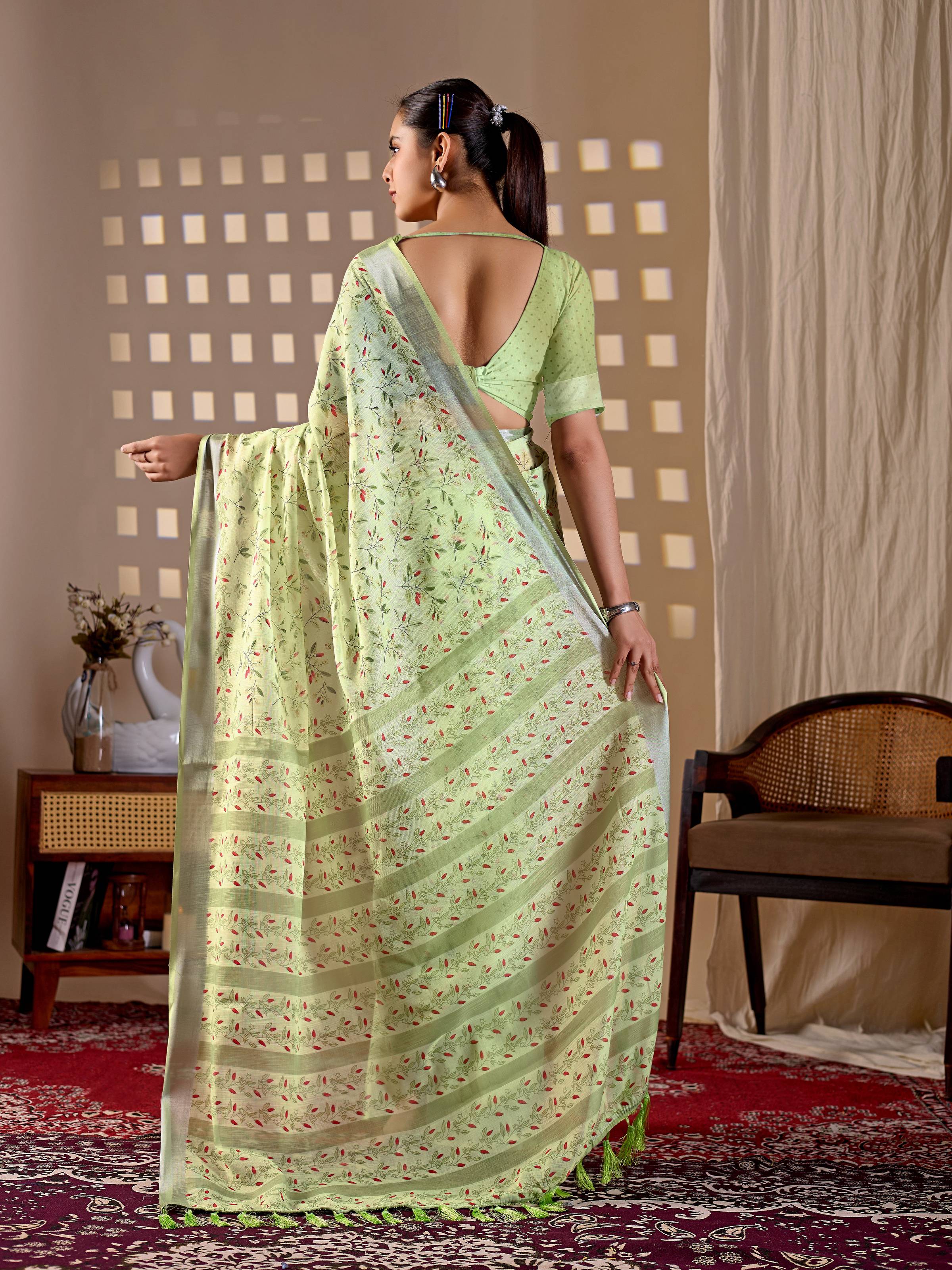 Aastha Fashion Pista Soft Linen Cotton Printed Saree - Distacart