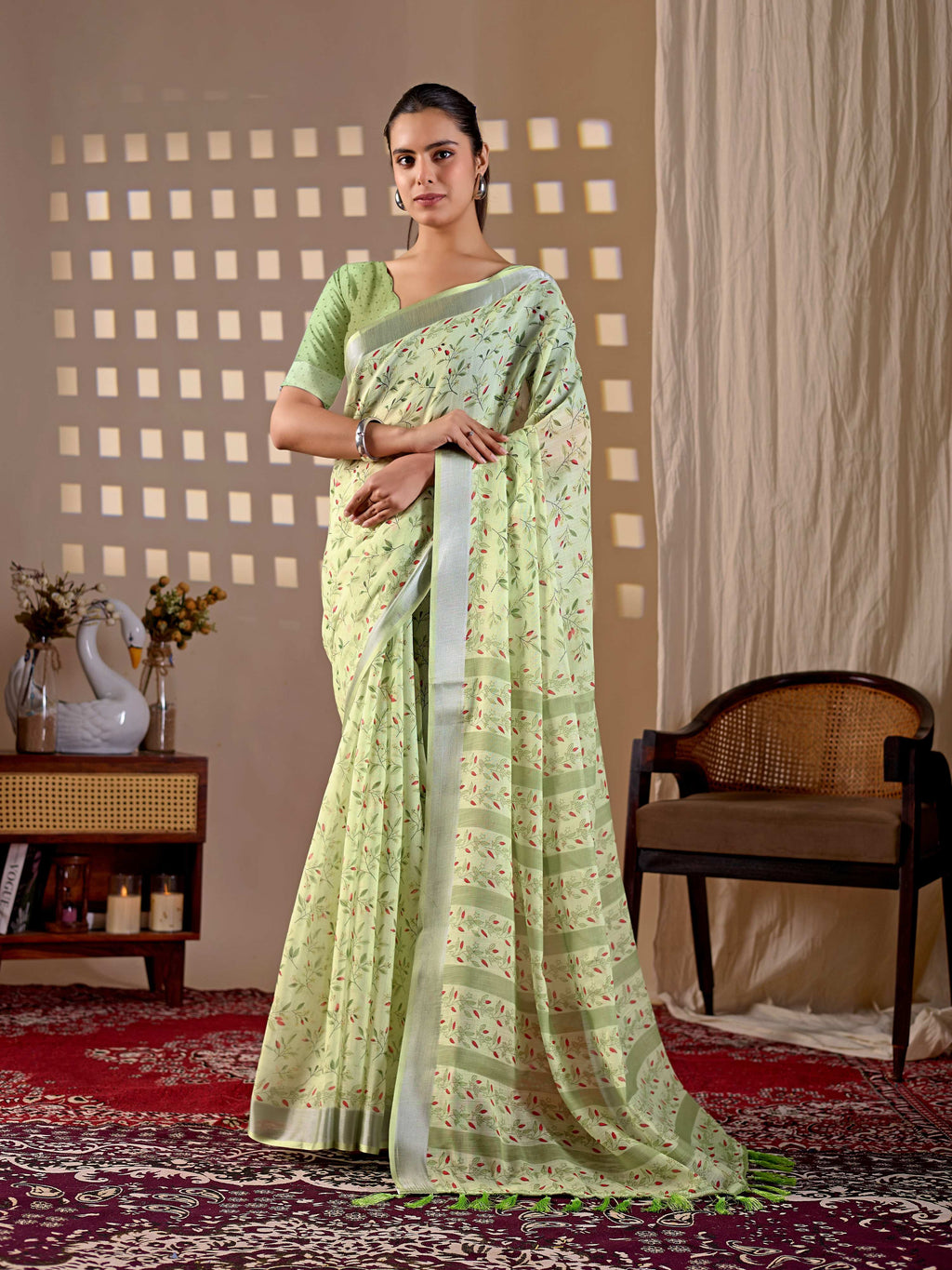 Aastha Fashion Pista Soft Linen Cotton Printed Saree - Distacart