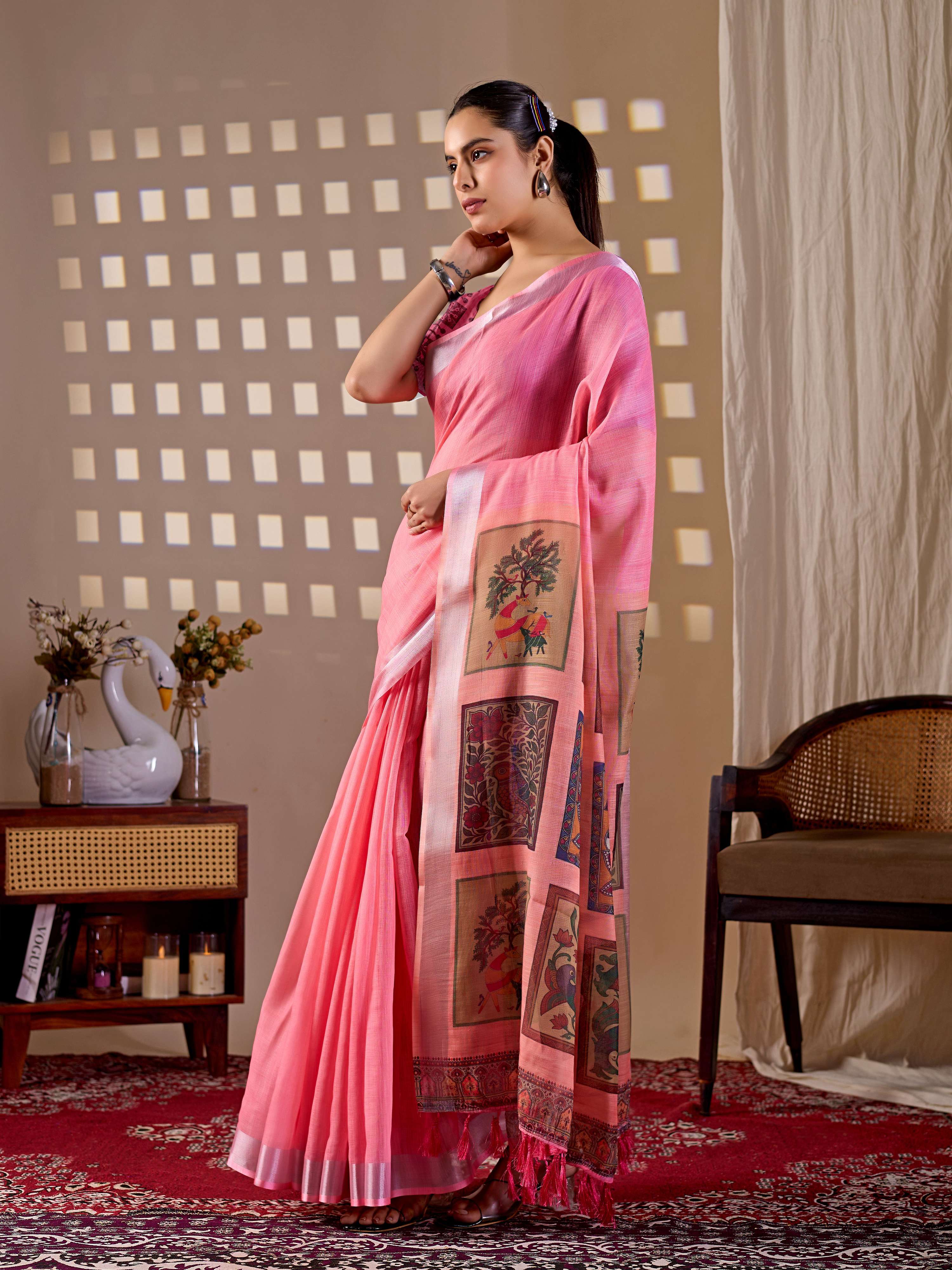 Aastha Fashion Pink Soft Linen Cotton Printed Saree - Distacart