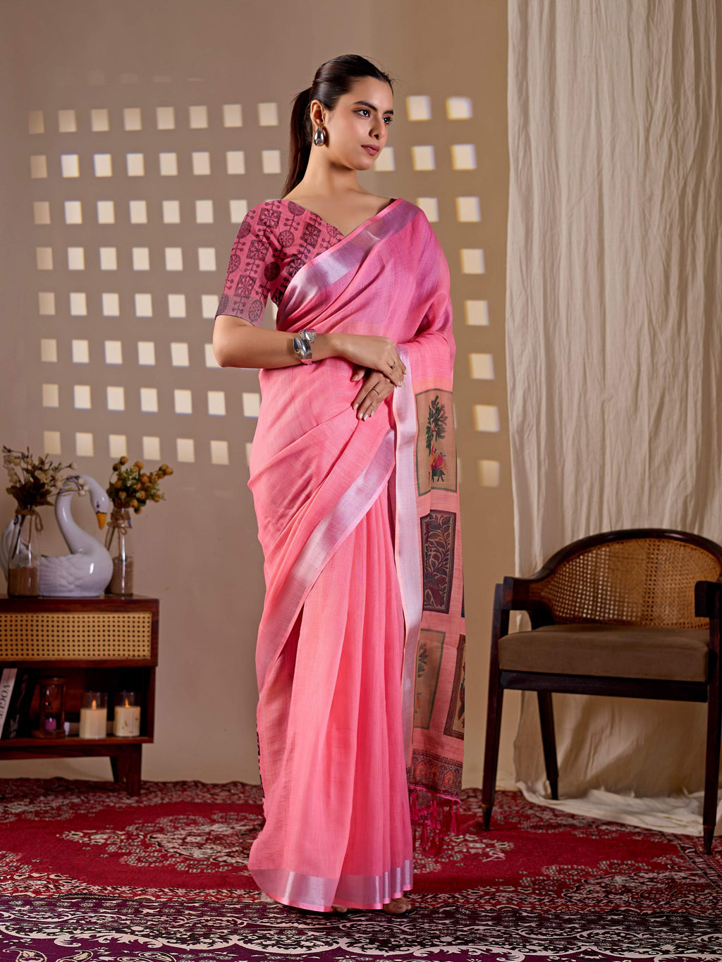 Aastha Fashion Pink Soft Linen Cotton Printed Saree - Distacart