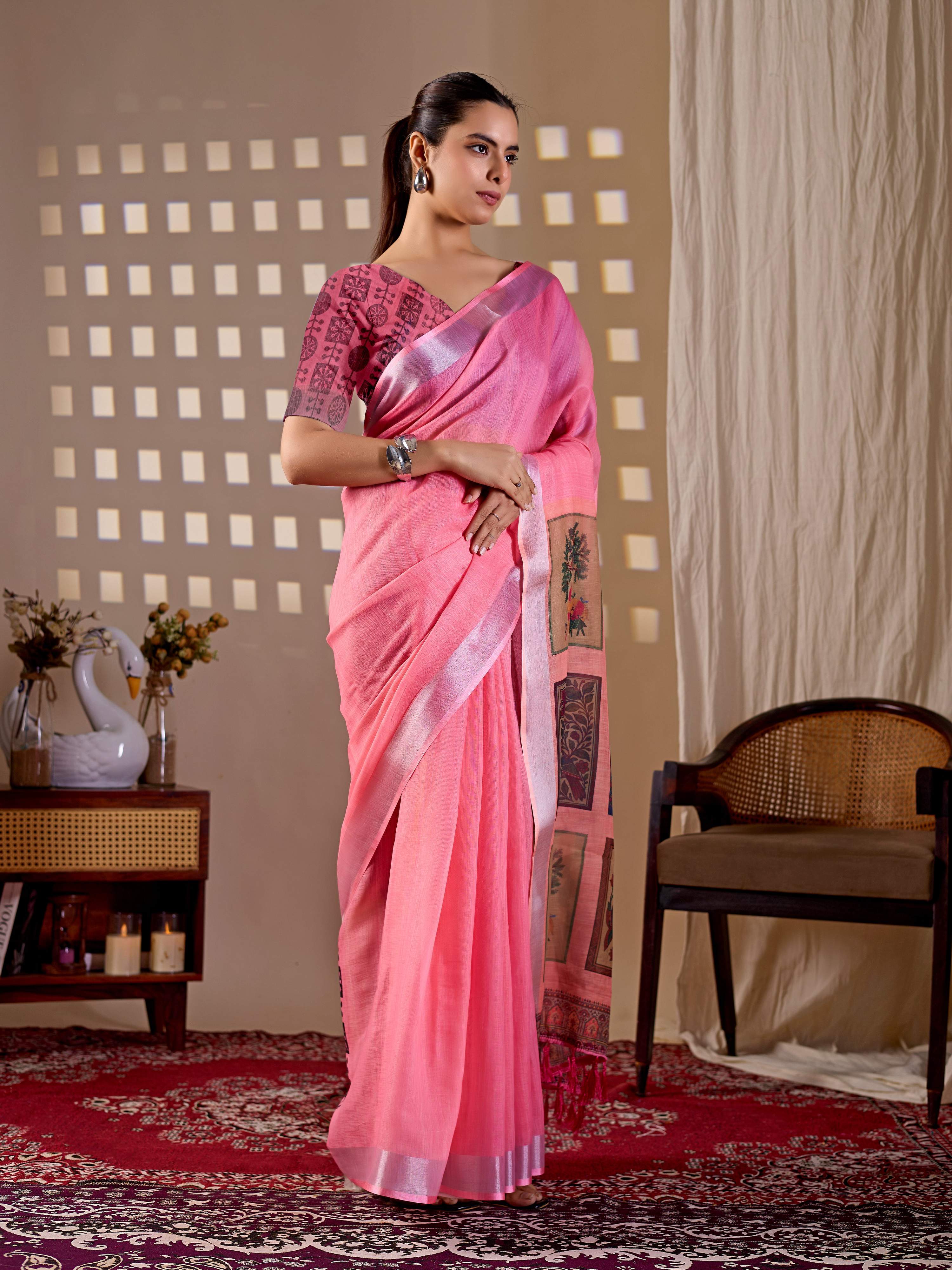 Aastha Fashion Pink Soft Linen Cotton Printed Saree - Distacart