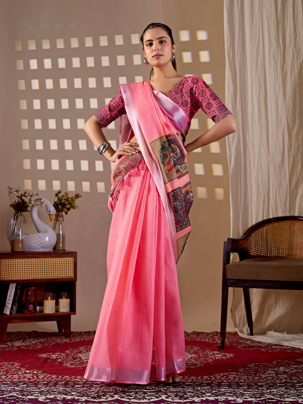 Aastha Fashion Pink Soft Linen Cotton Printed Saree - Distacart