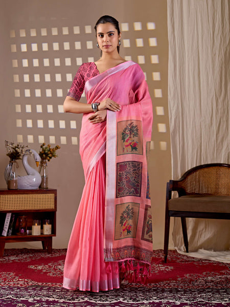 Aastha Fashion Pink Soft Linen Cotton Printed Saree