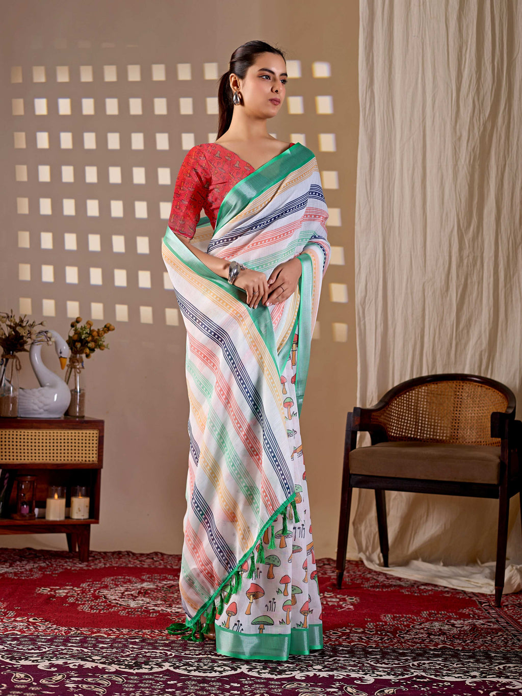 Aastha Fashion Multi Soft Linen Cotton Printed Saree - Distacart