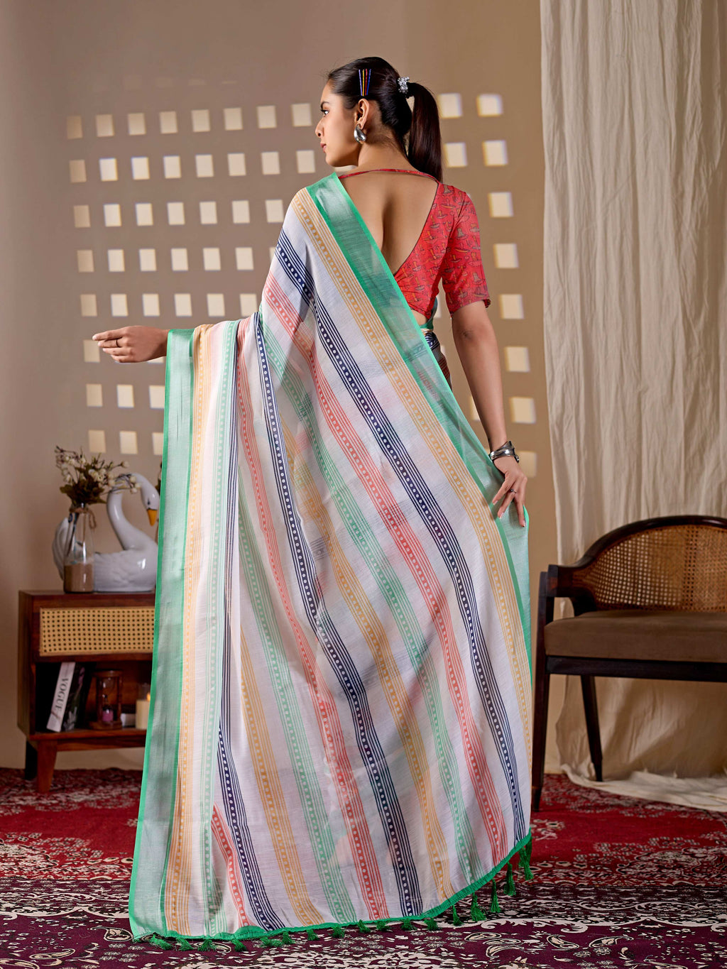 Aastha Fashion Multi Soft Linen Cotton Printed Saree - Distacart