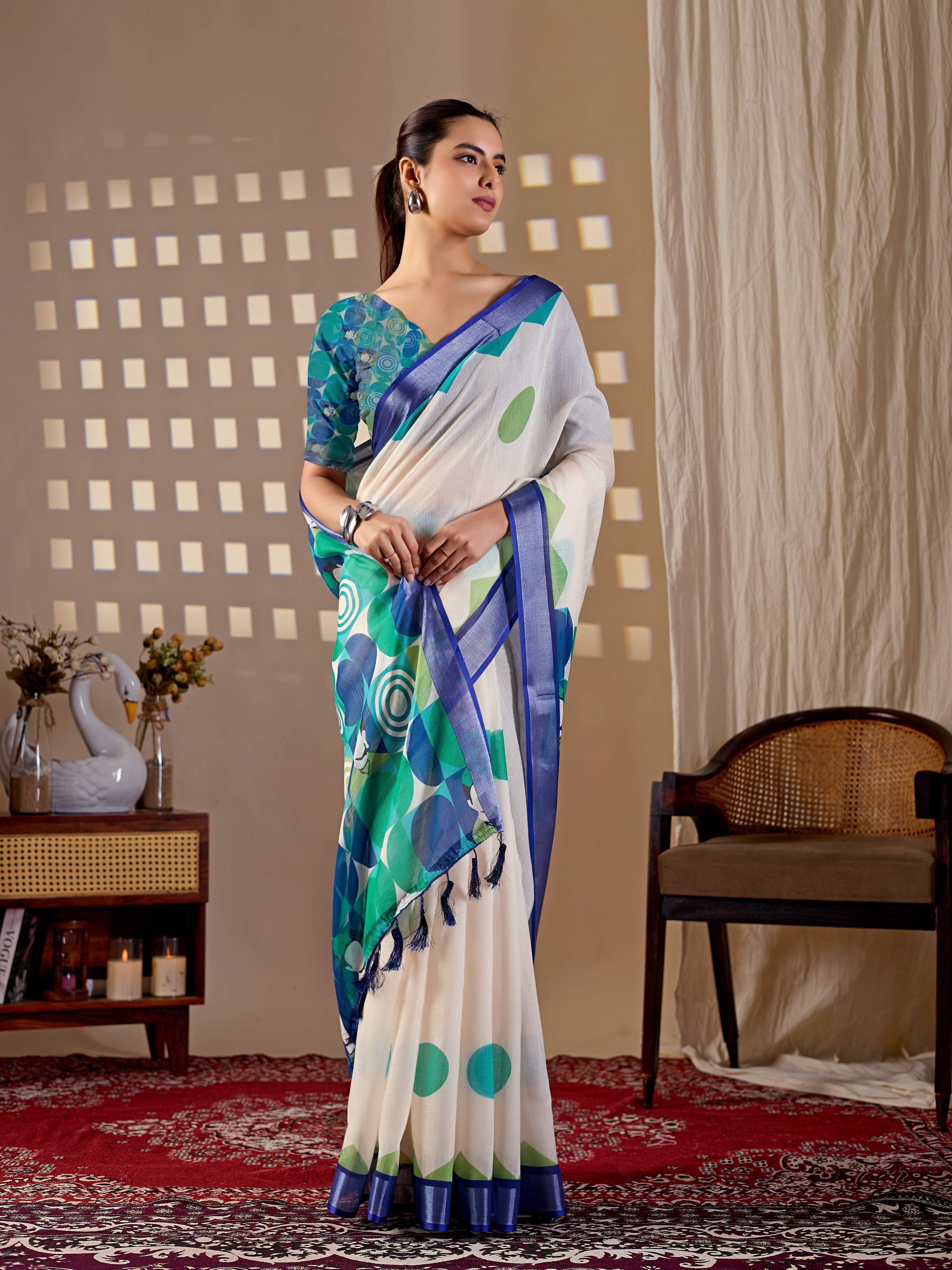Aastha Fashion Cream Soft Linen Cotton Printed Saree - Distacart