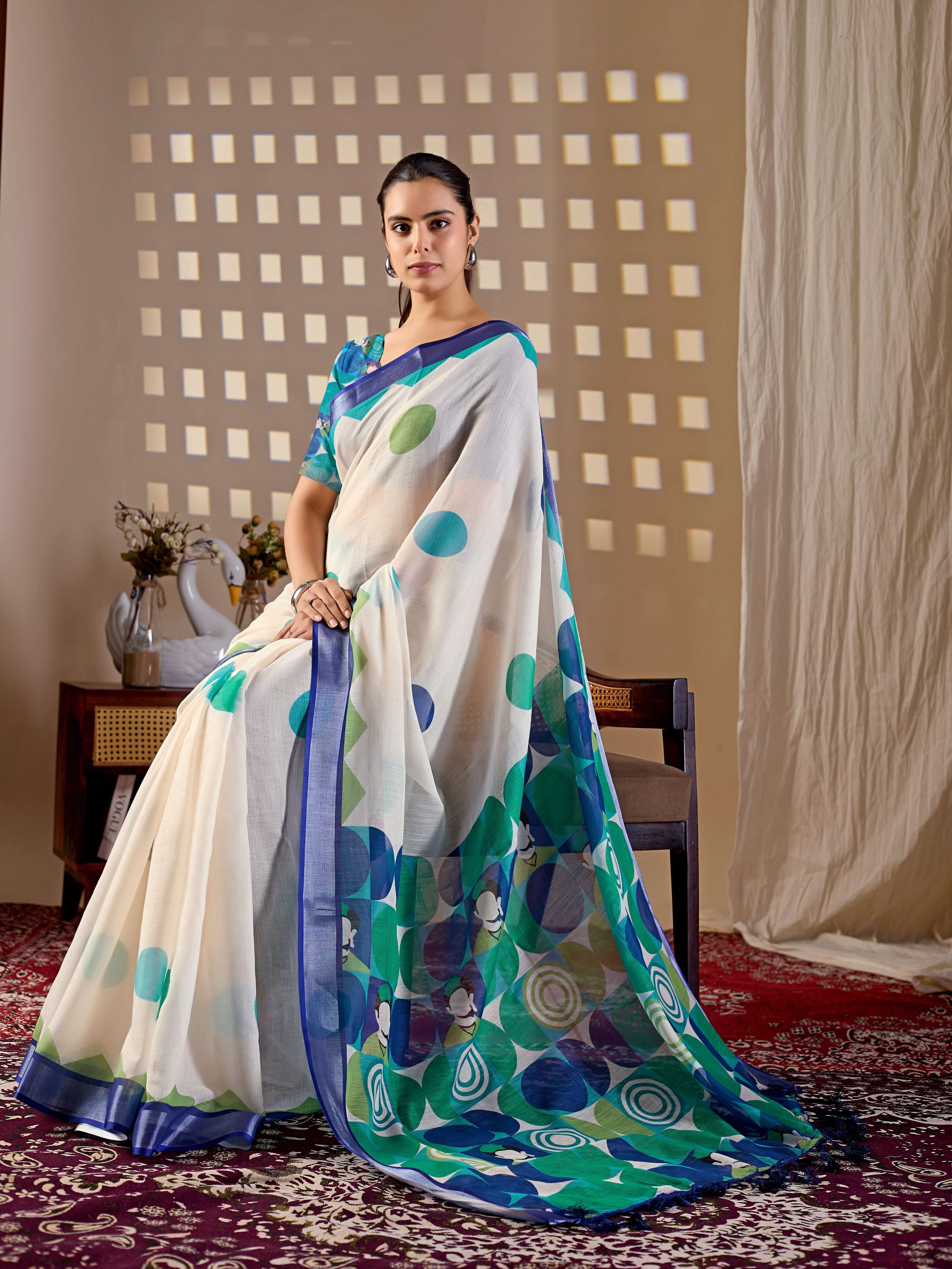 Aastha Fashion Cream Soft Linen Cotton Printed Saree - Distacart