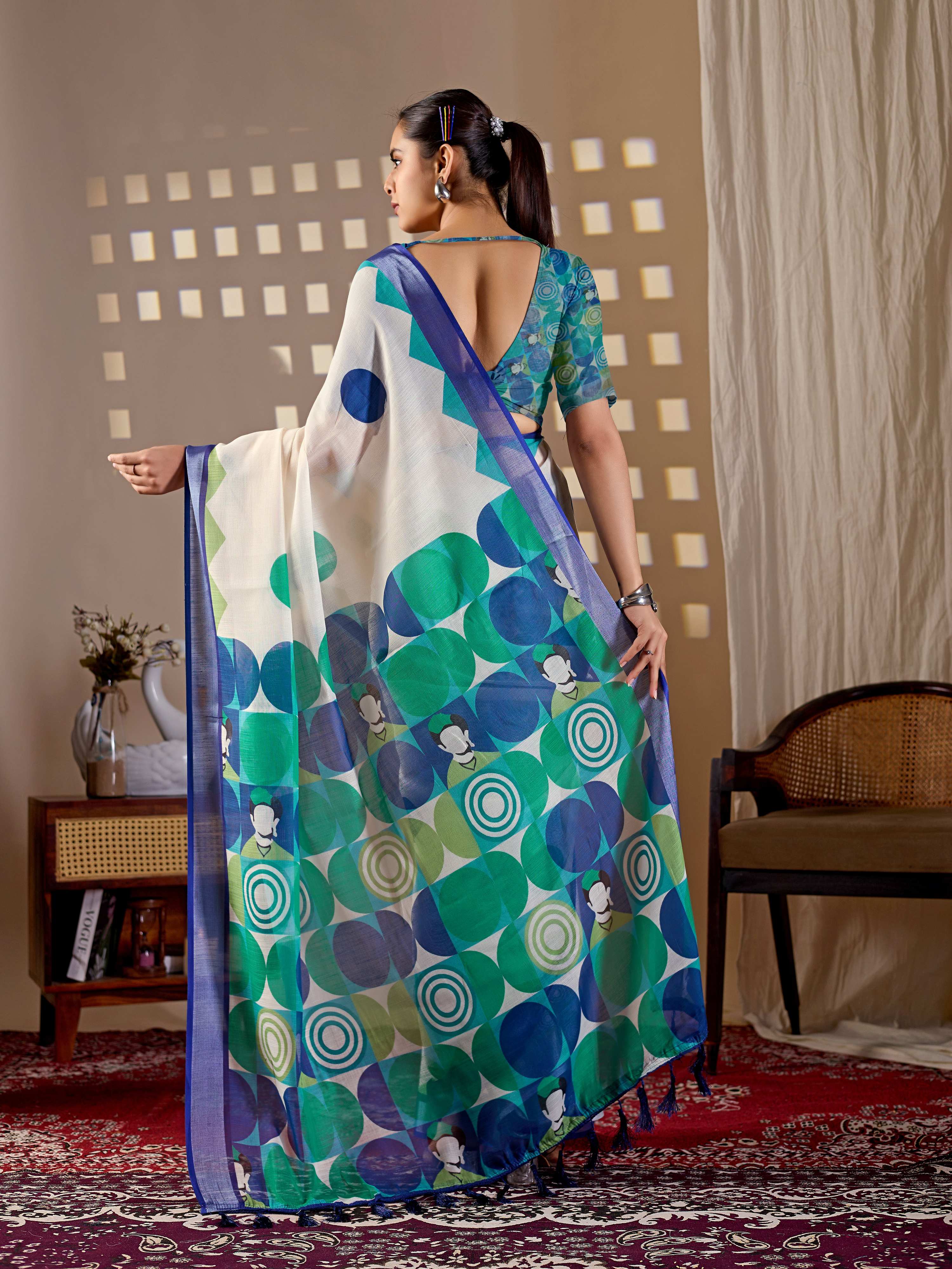 Aastha Fashion Cream Soft Linen Cotton Printed Saree - Distacart