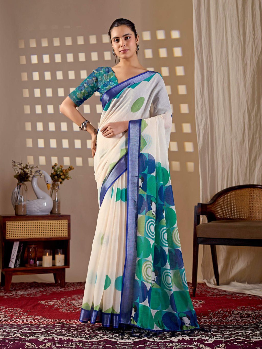 Aastha Fashion Cream Soft Linen Cotton Printed Saree - Distacart