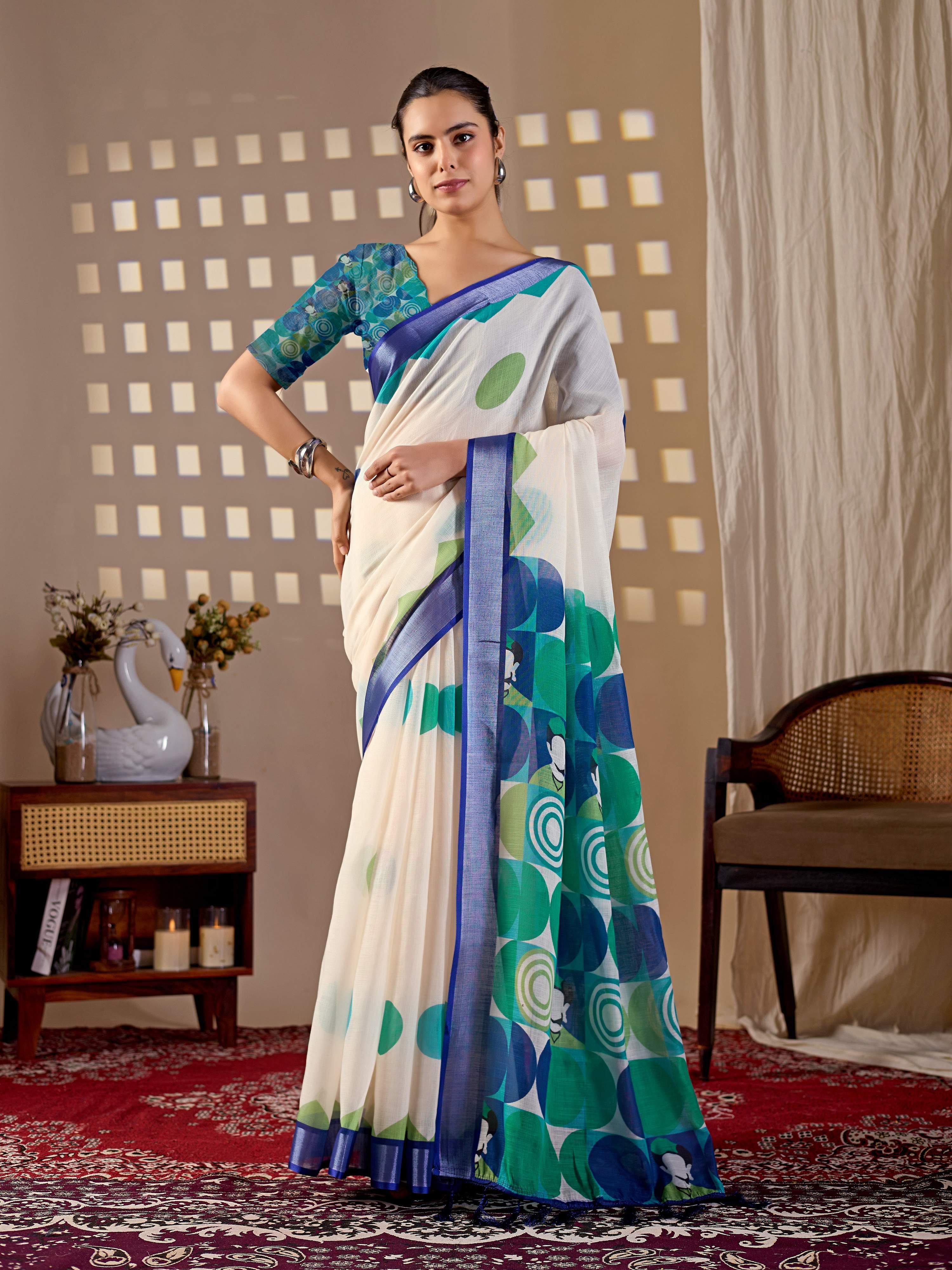 Aastha Fashion Cream Soft Linen Cotton Printed Saree - Distacart