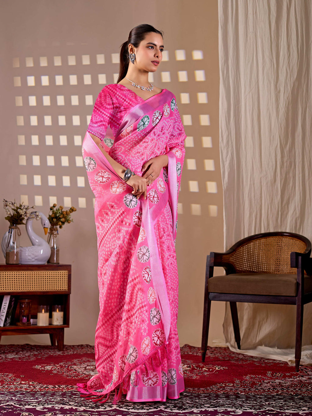 Aastha Fashion Pink Soft Linen Cotton Printed Saree - Distacart