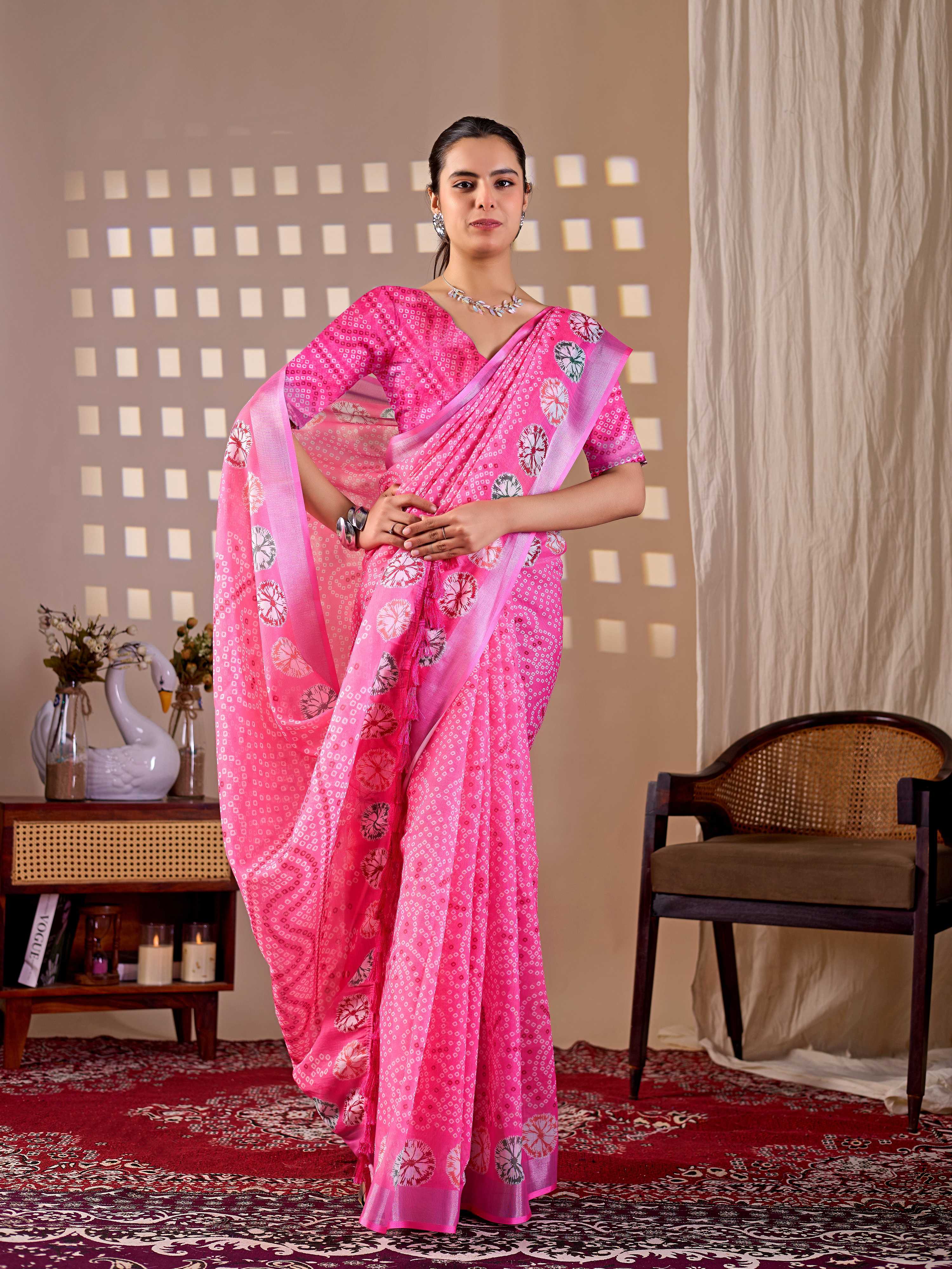 Aastha Fashion Pink Soft Linen Cotton Printed Saree - Distacart
