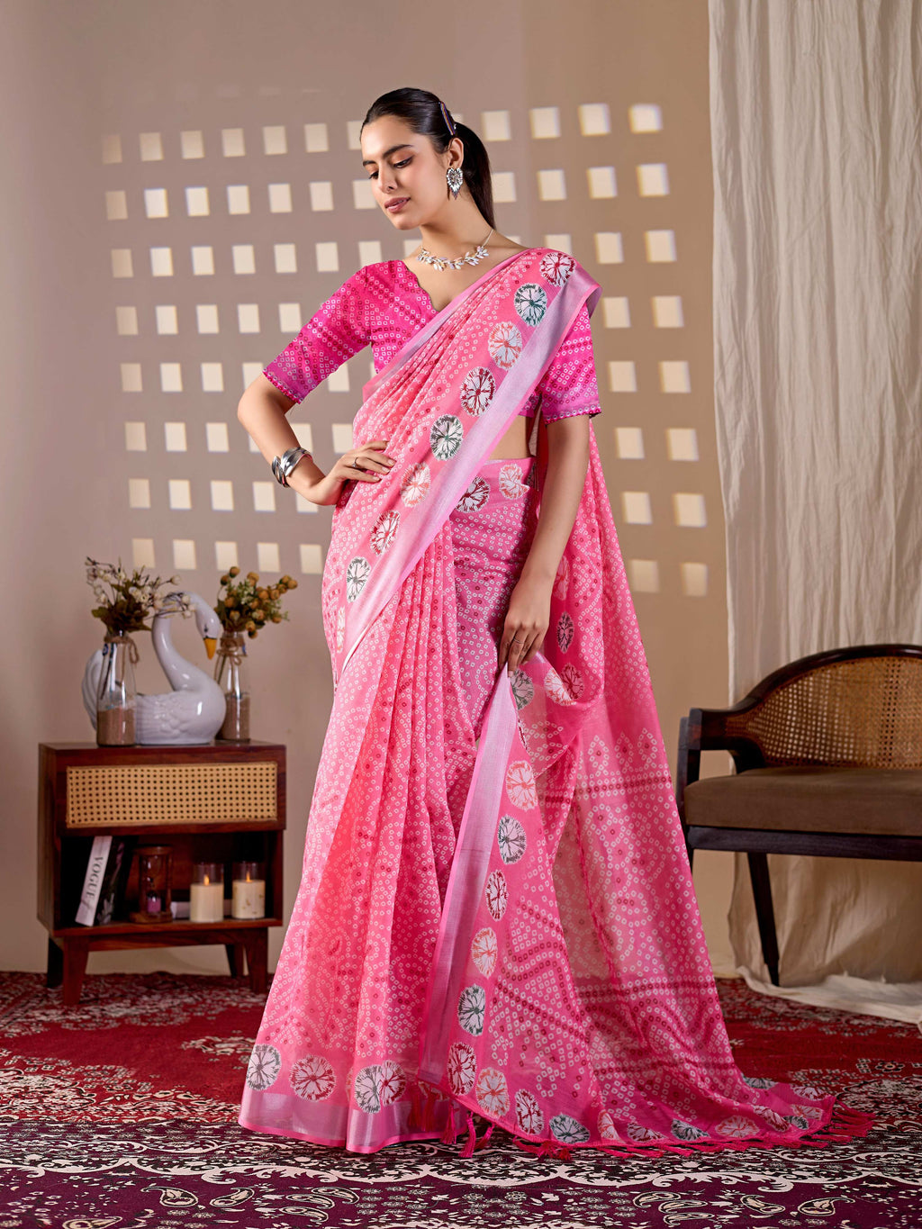 Aastha Fashion Pink Soft Linen Cotton Printed Saree - Distacart