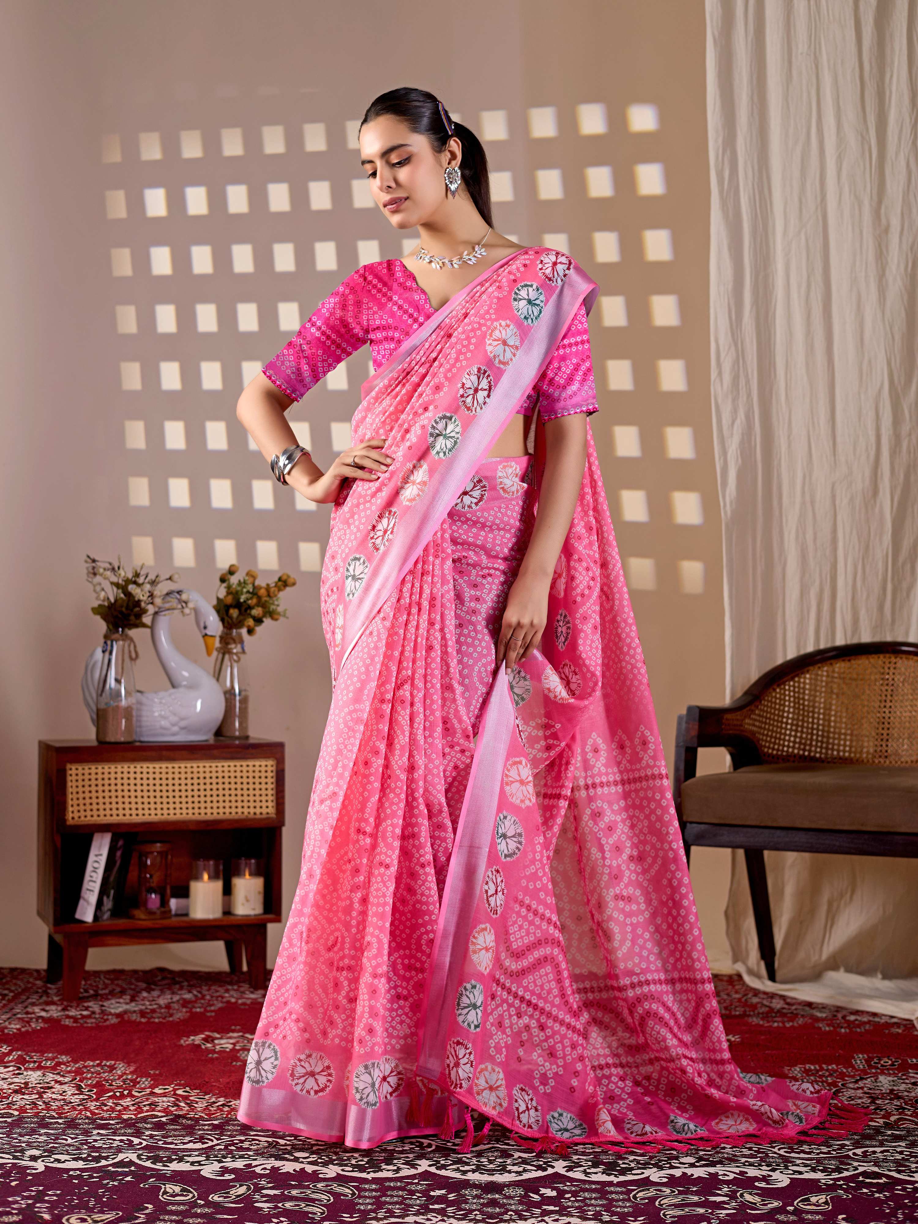 Aastha Fashion Pink Soft Linen Cotton Printed Saree - Distacart