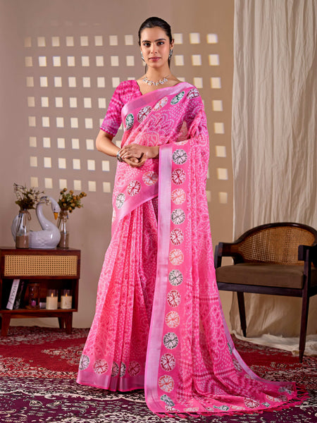 Aastha Fashion Pink Soft Linen Cotton Printed Saree
