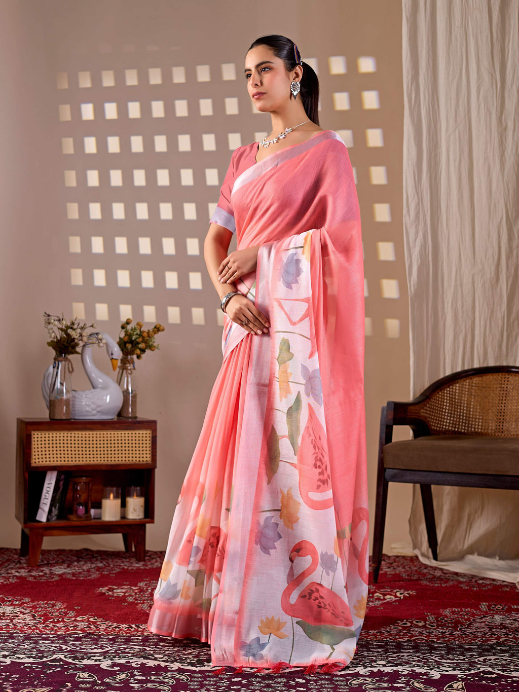Aastha Fashion Peach Soft Linen Cotton Printed Saree - Distacart