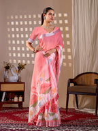 Aastha Fashion Peach Soft Linen Cotton Printed Saree - Distacart