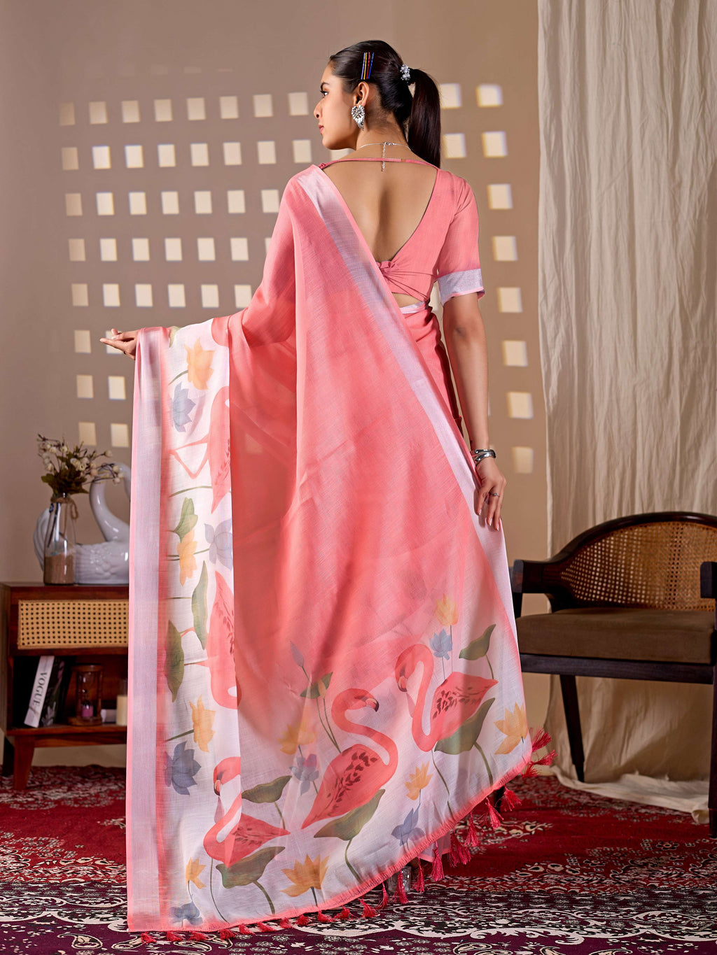 Aastha Fashion Peach Soft Linen Cotton Printed Saree - Distacart