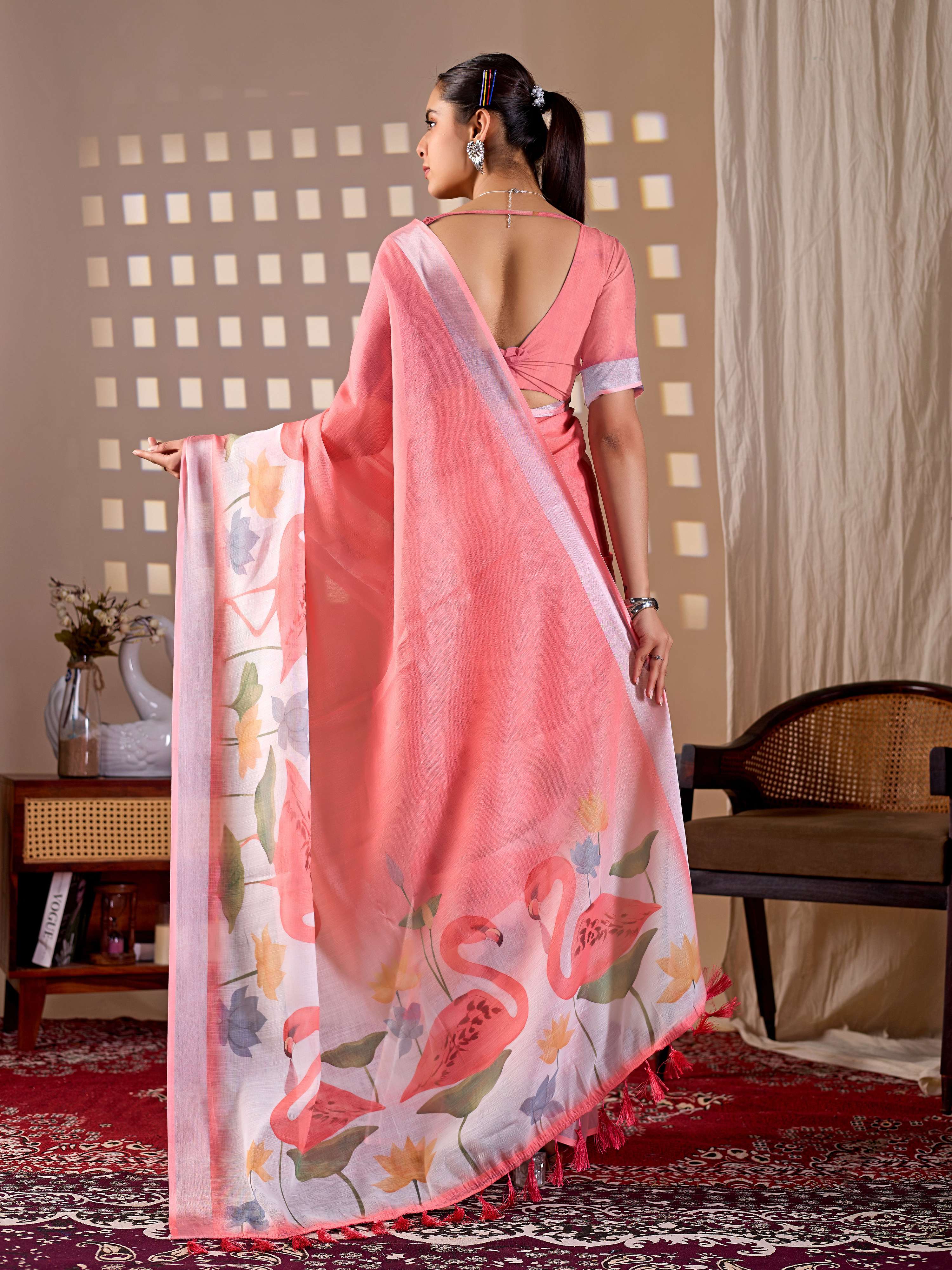 Aastha Fashion Peach Soft Linen Cotton Printed Saree - Distacart