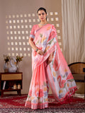 Aastha Fashion Peach Soft Linen Cotton Printed Saree - Distacart