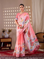 Aastha Fashion Peach Soft Linen Cotton Printed Saree - Distacart