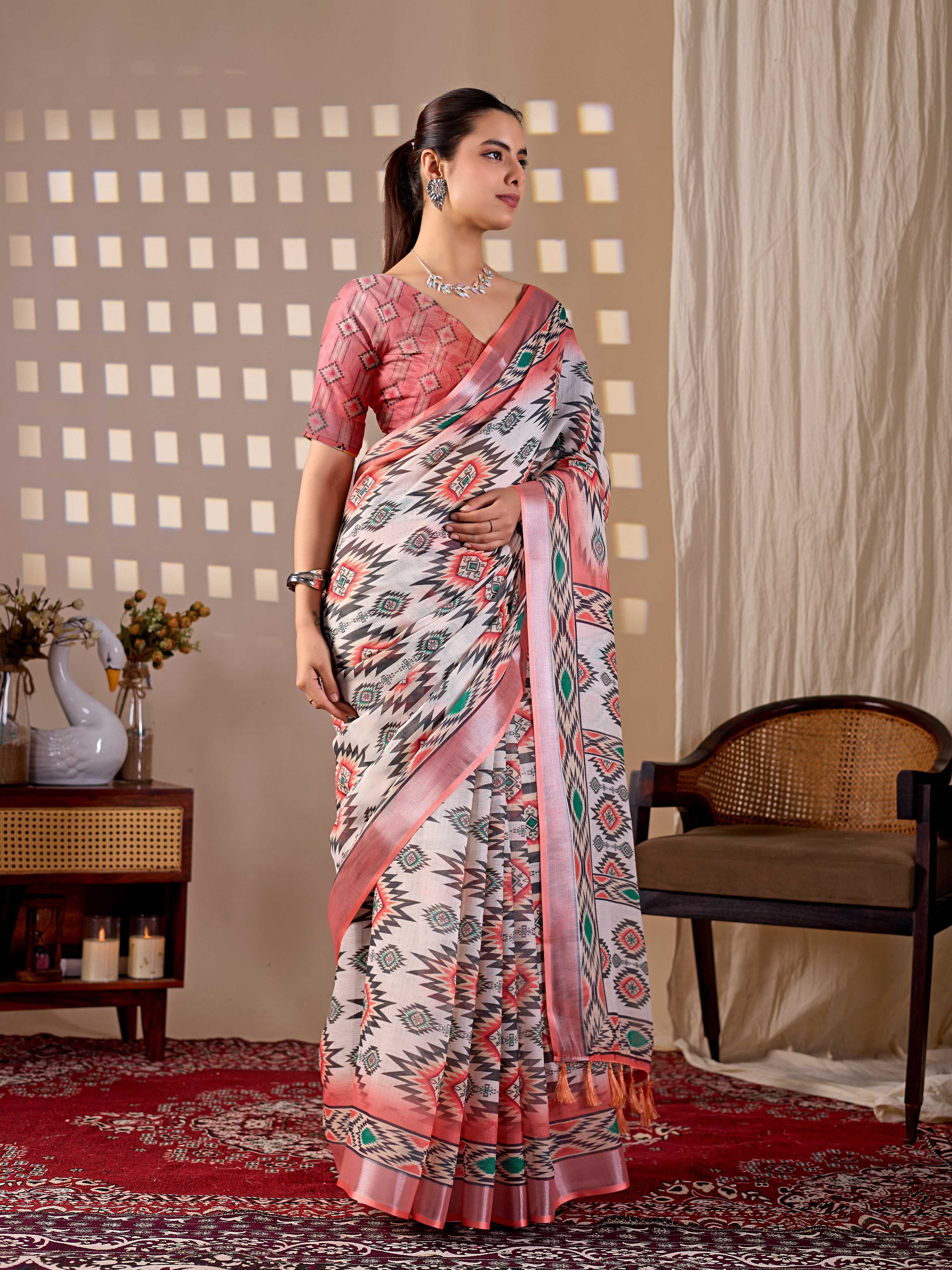Aastha Fashion Multi Soft Linen Cotton Printed Saree - Distacart