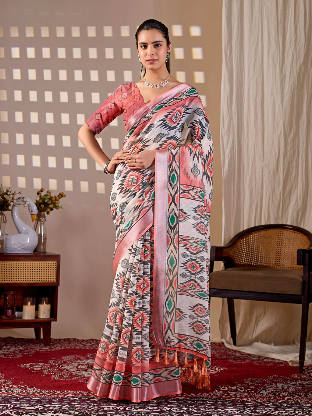 Aastha Fashion Multi Soft Linen Cotton Printed Saree - Distacart