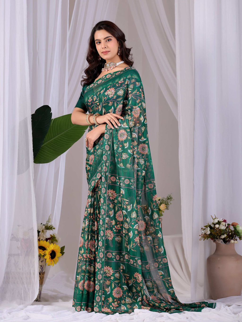 Aastha Fashion Green Monsoon Printed Saree - Distacart
