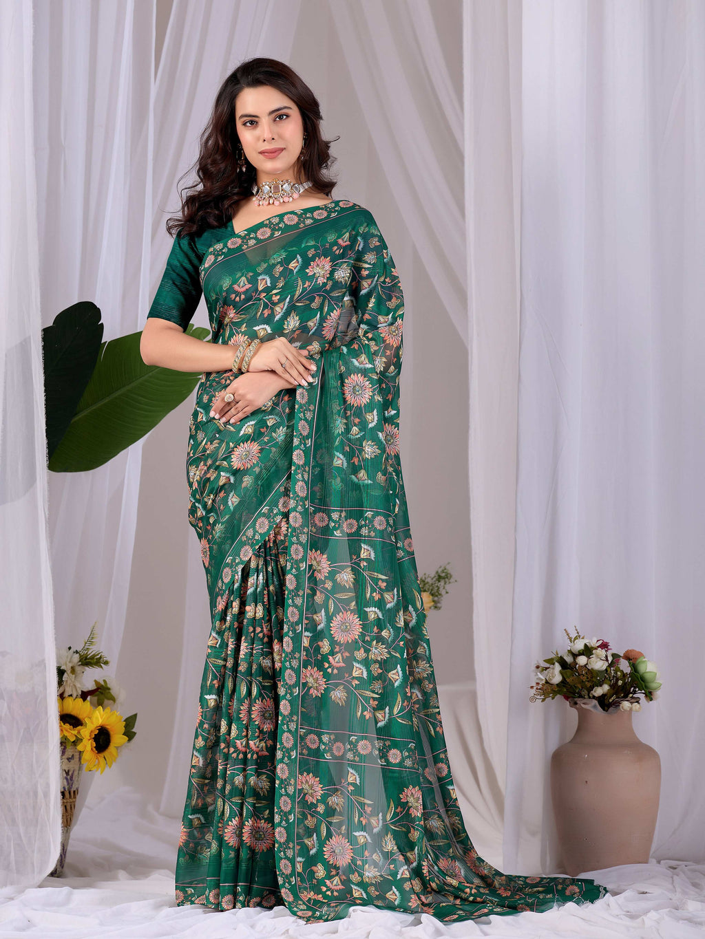Aastha Fashion Green Monsoon Printed Saree - Distacart