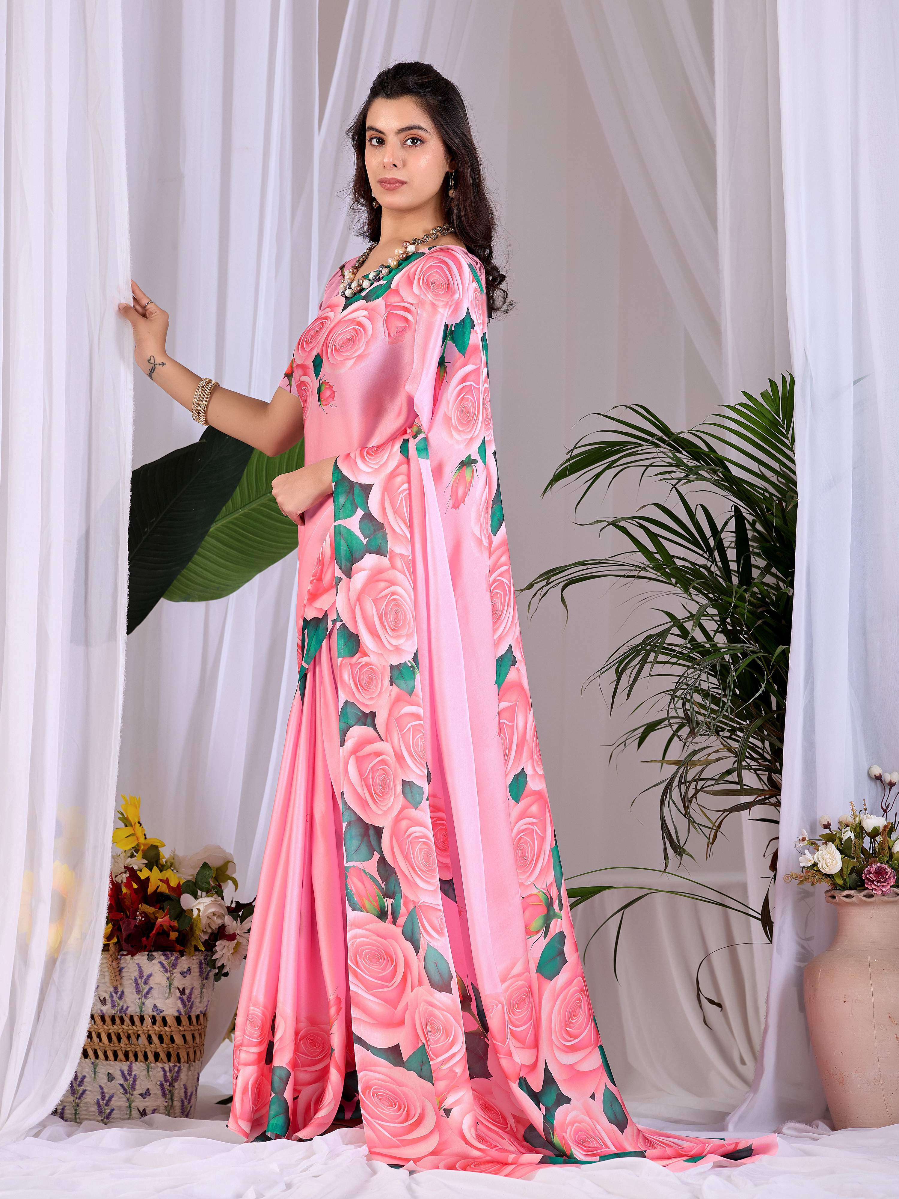 Aastha Fashion Pink Soft Satin Floral Digital Print Saree - Distacart